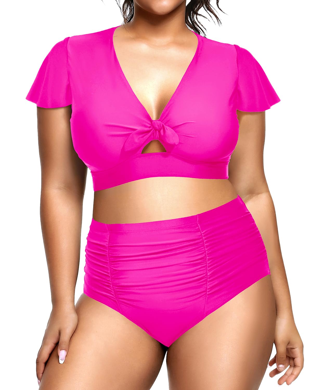 Yonique Women's Plus Size Two Piece Bikini Set - High Waisted Swimsuits with Tummy Control, Short Sleeve Bathing Suit for Beach, Pool & Summer Vacation