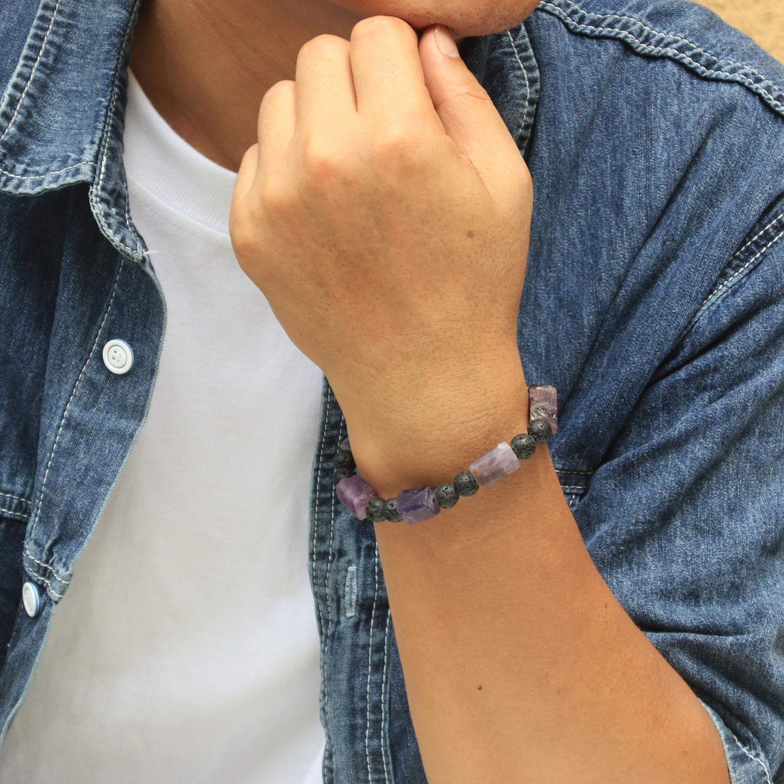 Natural Amethyst Crystal Bracelet for Men - Healing Stone Bracelet for Stress Relief, Handmade Lava Bead Essential Oil Diffuser | Mens Birthday & Valentines Gift Idea for Meditation, Yoga & Spiritual Wellness