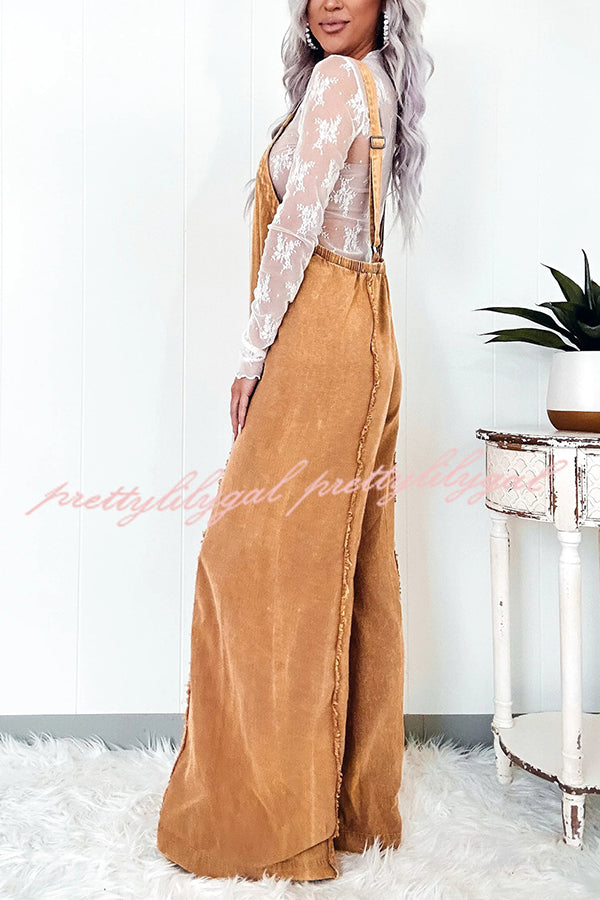 Vintage Washed Denim Jumpsuit for Women - Raw Edge Elastic Waist Wide Leg Romper | Casual Outfit, Boho Chic Style, Streetwear Fashion for Everyday Wear
