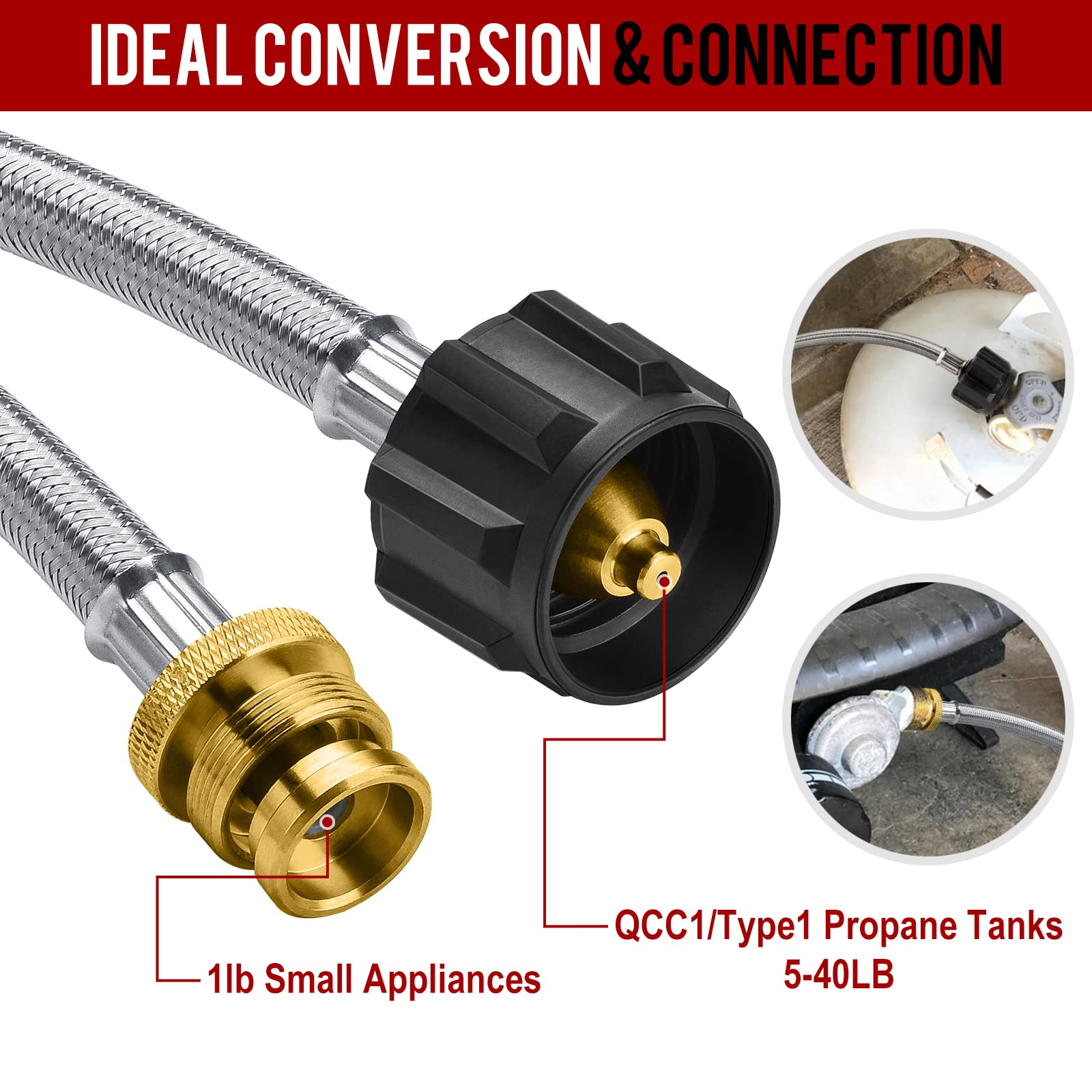 5FT Propane Hose Adapter - Convert 1lb to 20lb Tank for Weber, Coleman, Blackstone Grills, Buddy Heaters & More | Perfect for Camping, Backyard BBQs, Tailgating & Outdoor Cooking