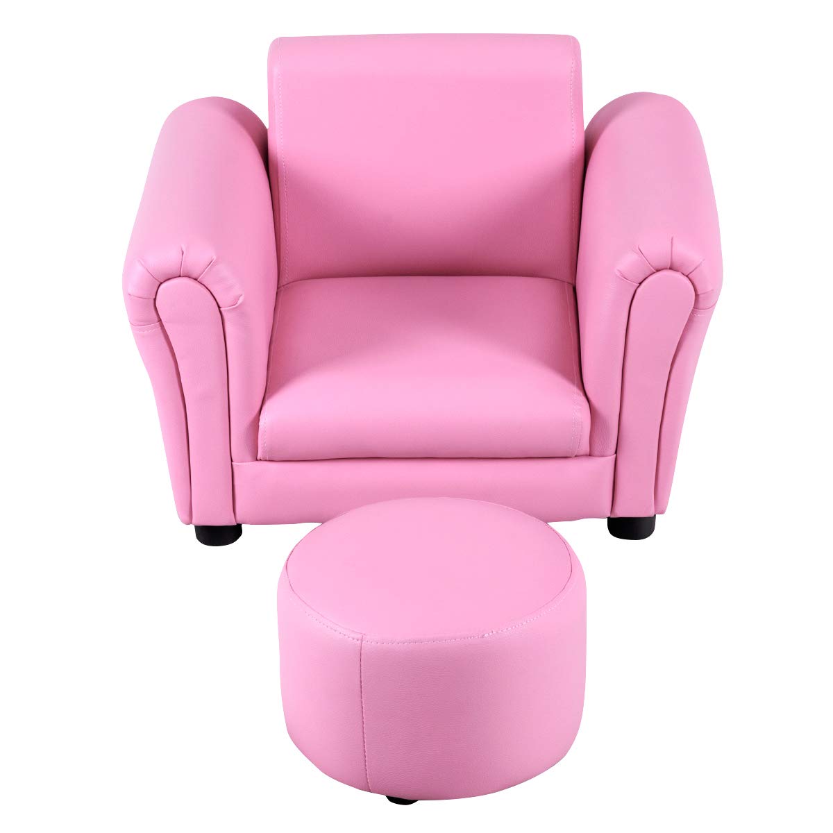 HONEY JOY Kids Couch with Ottoman - Toddler Size Sofa & Round Footstool Set, Pink PU Leather Playroom Furniture with Anti-Slip Pads - Perfect for Playtime, Reading Nook & Kids Bedroom Decor