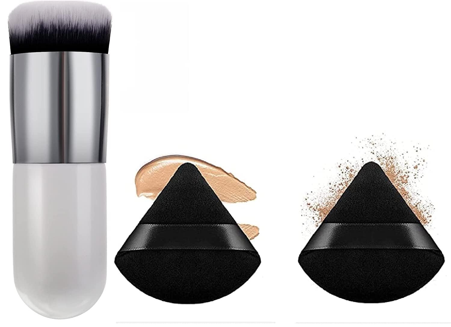 Premium Carapace Foundation Brush & 2 Soft Triangle Powder Puffs Set - Vegan Makeup Brush Kit for Flawless Liquid & Powder Application - Perfect for Professional Makeup Artists & Home Beauty Routines