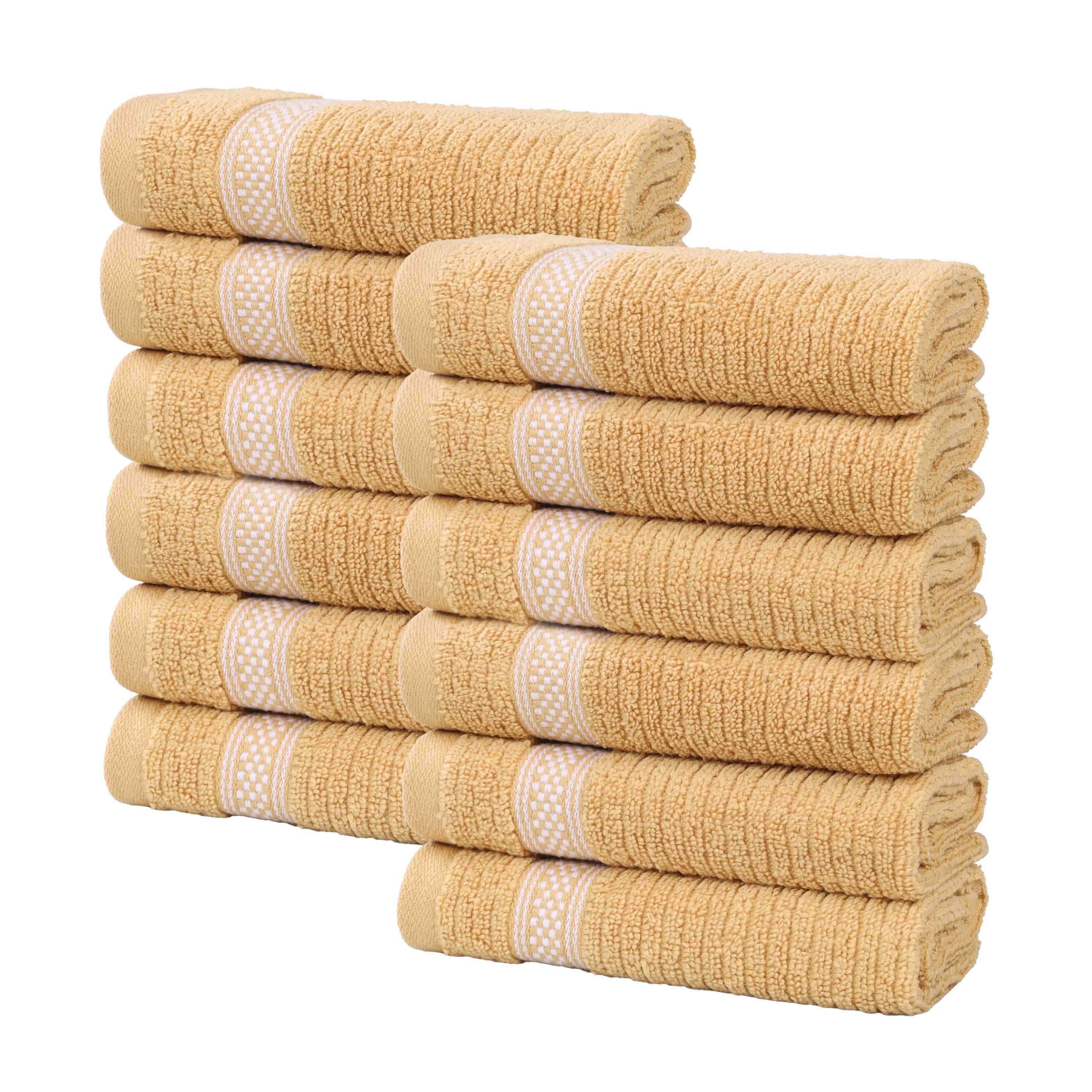12-Pack Zero Twist Cotton Ribbed Geometric Border Plush Face Towels | Ultra Soft Bath & Hand Towels for Spa, Gym, Travel & Home Use