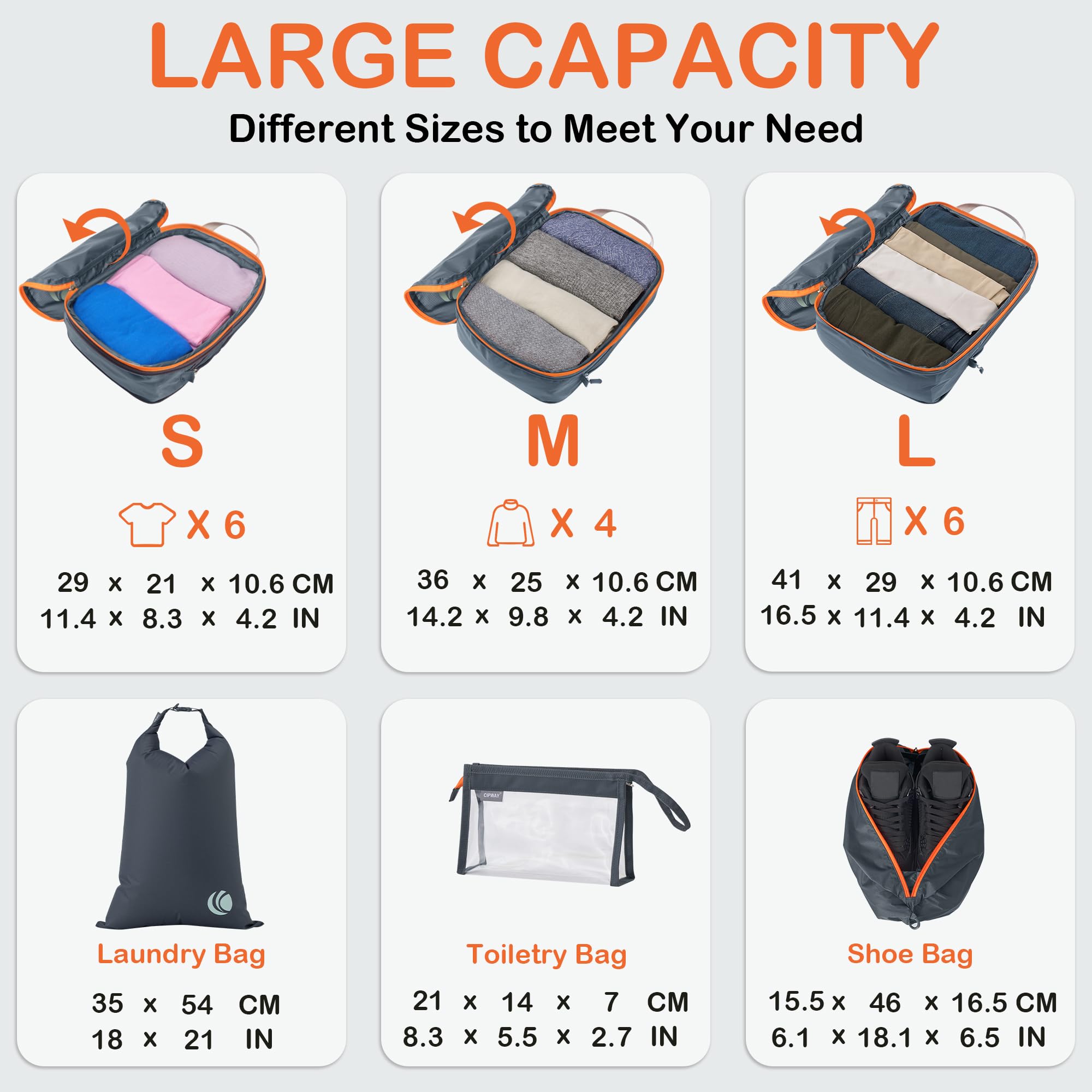 Cipway 8-Piece Travel Compression Packing Cubes Set - Lightweight Luggage Organizer with Shoe Bag, Toiletry Bag & Laundry Bag - Perfect for Carry-On Suitcases & Backpacks - Ideal for Business Trips, Vacations & Weekend Getaways (Gray)
