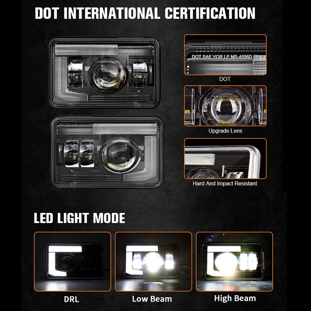 4x6 Inch DOT Certified Sealed Beam LED Headlights with DRL - Compatible with Peterbilt, Kenworth, Freightliner, Ford, Chevrolet Trucks - High Brightness for Night Driving & Foggy Conditions