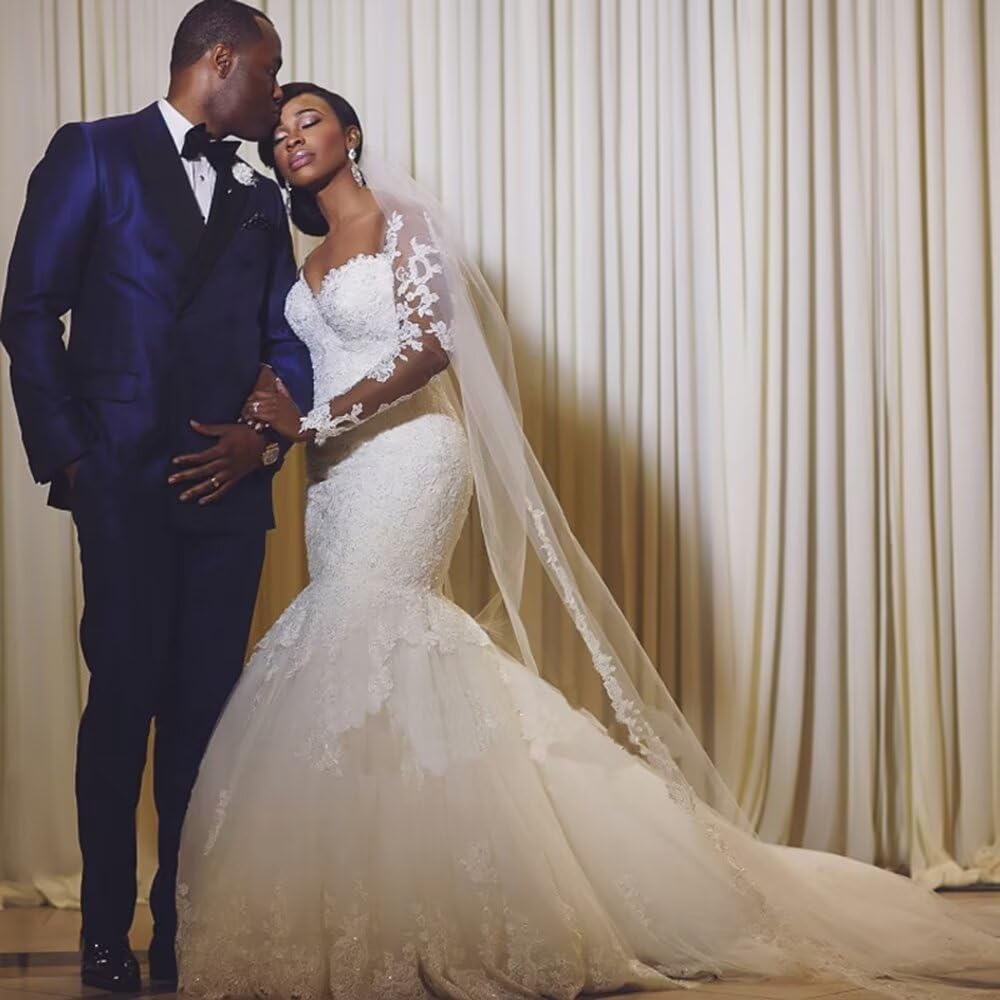 Elegant Off-The-Shoulder Long Sleeve Lace Mermaid Wedding Dress with Beaded Details - Perfect for Brides, Beach Weddings & Formal Ceremonies