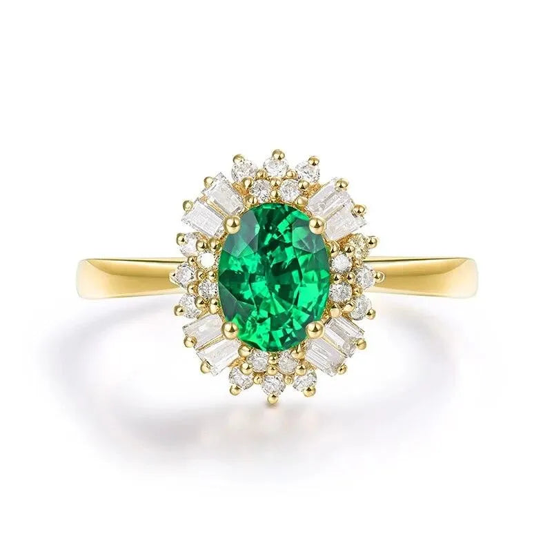 14K Yellow Gold Oval Emerald & Diamond Ring for Women - 0.8ct Natural Gemstone Engagement Ring, Luxury Jewelry Gift for Anniversary, Valentine's Day & Special Occasions