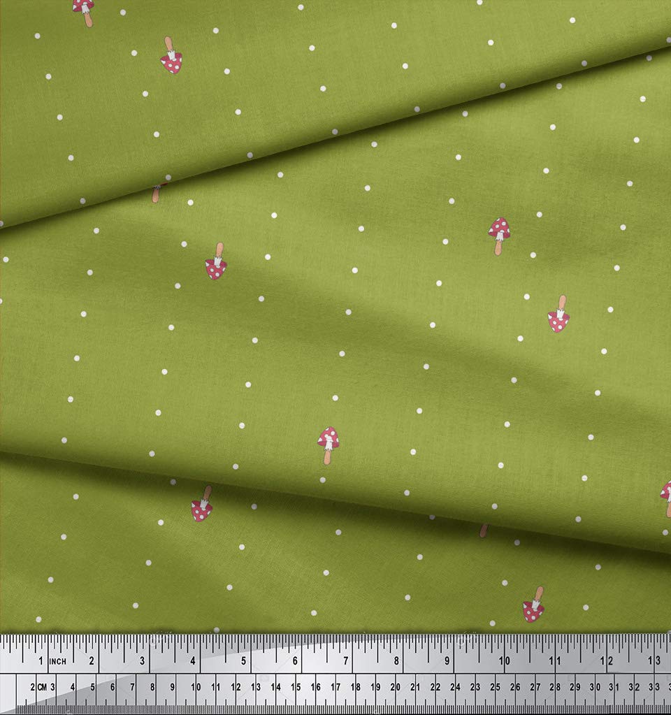 Soimoi Moss Georgette Green Fabric by The Yard - 42 Inch Wide Printed Fabric with Mushroom & Dots Pattern - Soft Draping Material for DIY Crafts, Dressmaking, Home Decor and Sewing Projects