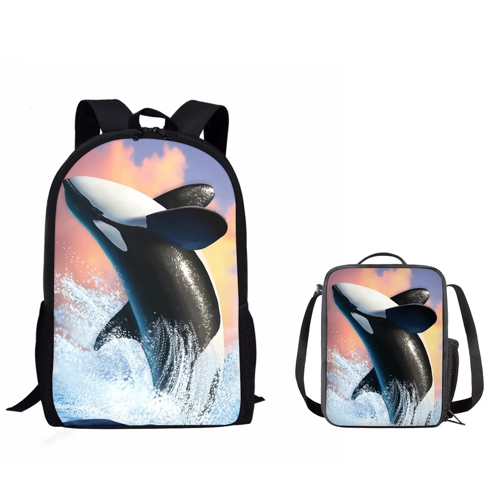 Funny Dolphin Kids Backpack Set with Shoulder Bag & Insulated Lunch Tote - Cute Animal Themed School Bag for Boys & Girls - Perfect for School, Travel & Outdoor Activities