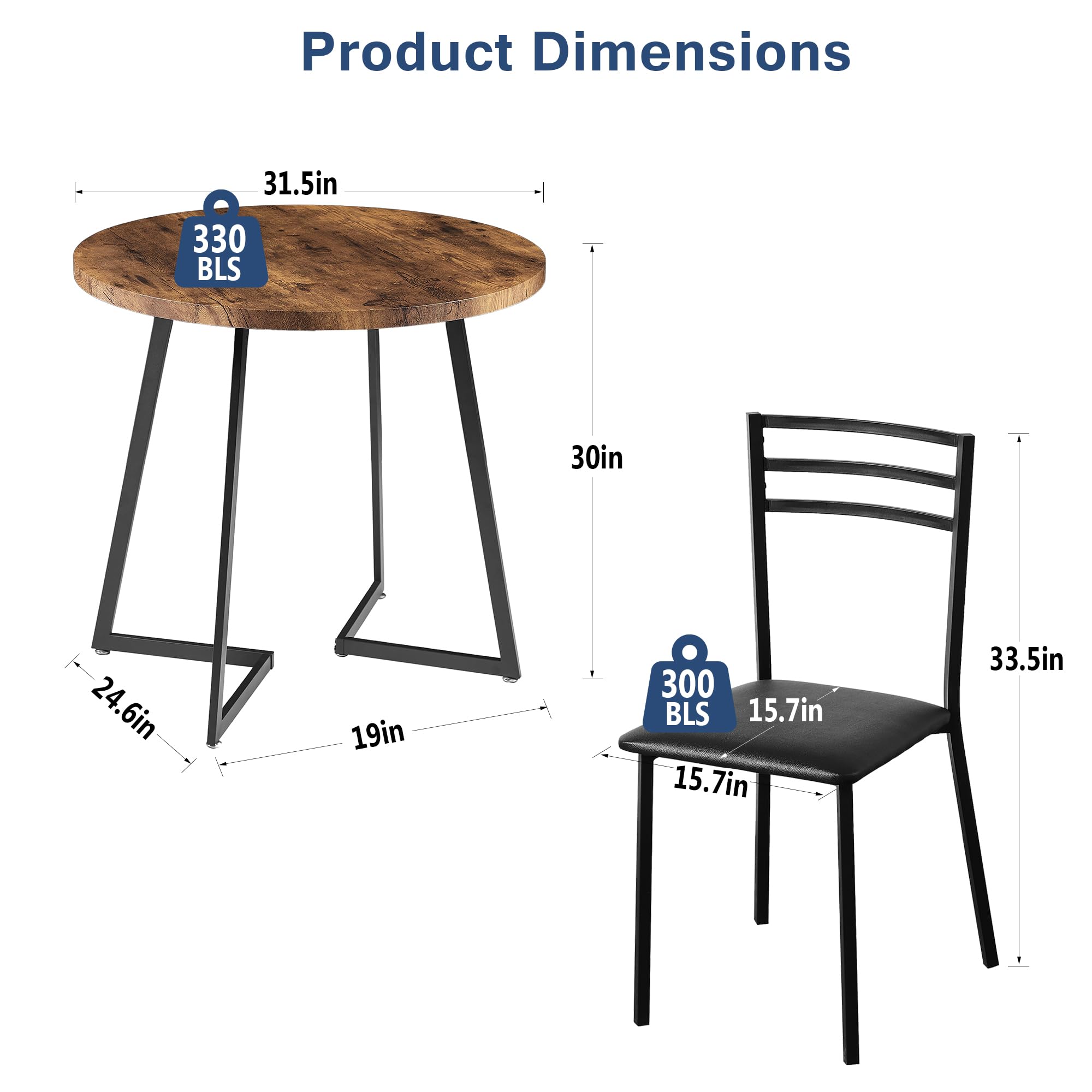 VECELO 3-Piece Round Kitchen Table Set with 2 Upholstered Chairs - Solid Wood Dining Table with Steel Frame for Breakfast Nook, Small Space & Apartment - Antique Brown Finish - Perfect for Family Meals, Coffee Time & Compact Dining Areas