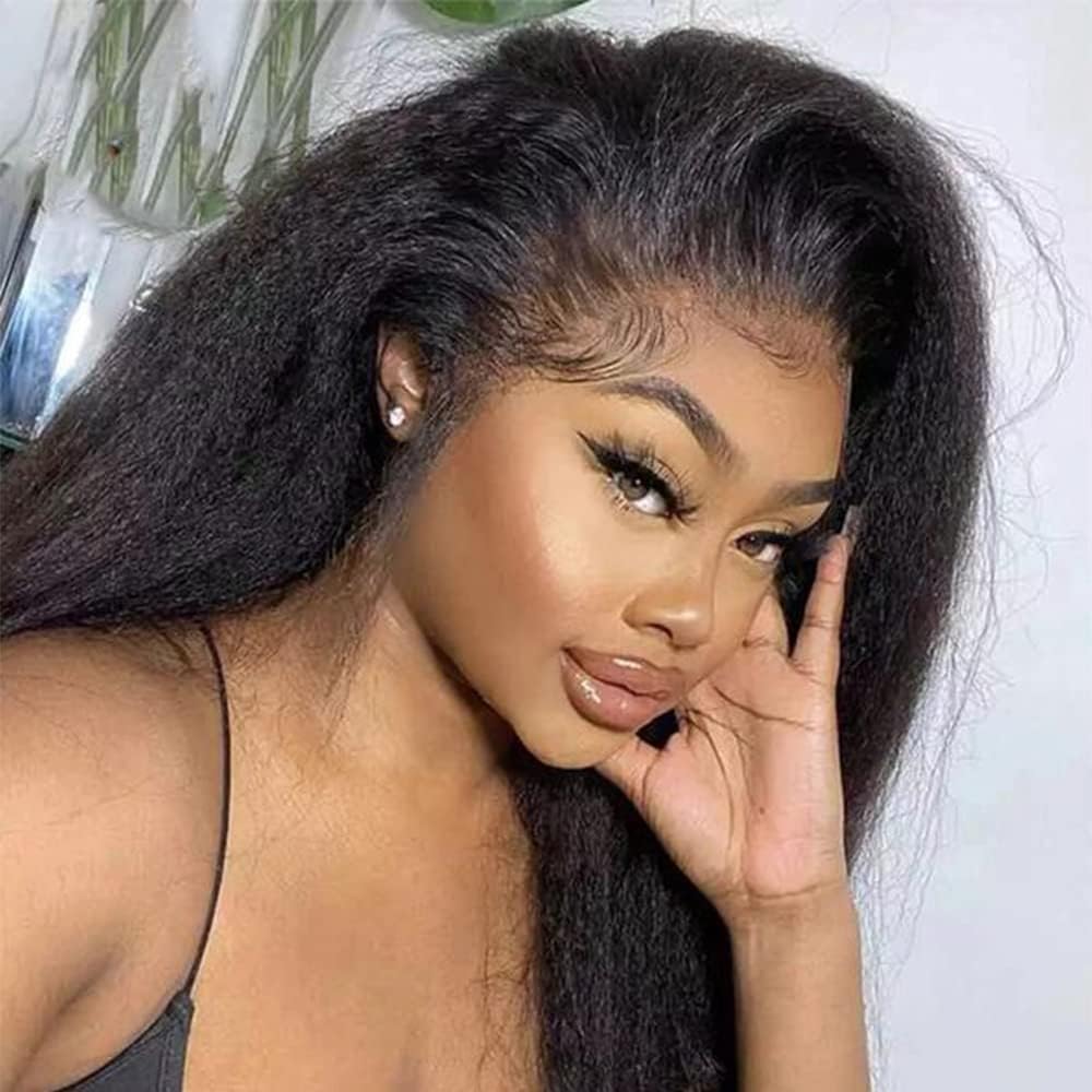 360 Lace Front Wigs Human Hair - 16 Inch Kinky Straight 360 Frontal Wigs for Black Women | 180% Density Yaki Straight Full Lace Wig with Baby Hair | Natural Color | Perfect for Daily Wear, Parties & Special Occasions