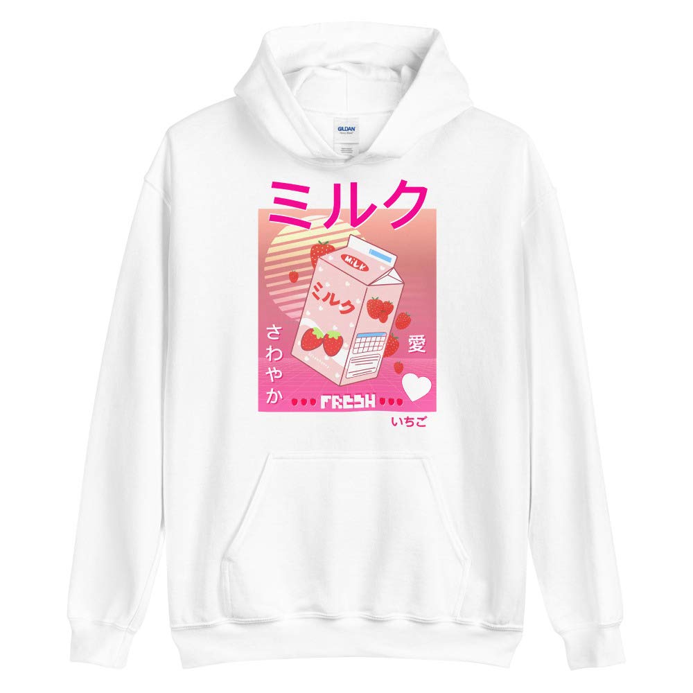 90's Vaporwave Japanese Strawberry Milk Carton Hoodie - Kawaii Pink & White Unisex Cosplay Sweatshirt | Perfect for Anime Conventions, Manga Lovers & Retro Fashion