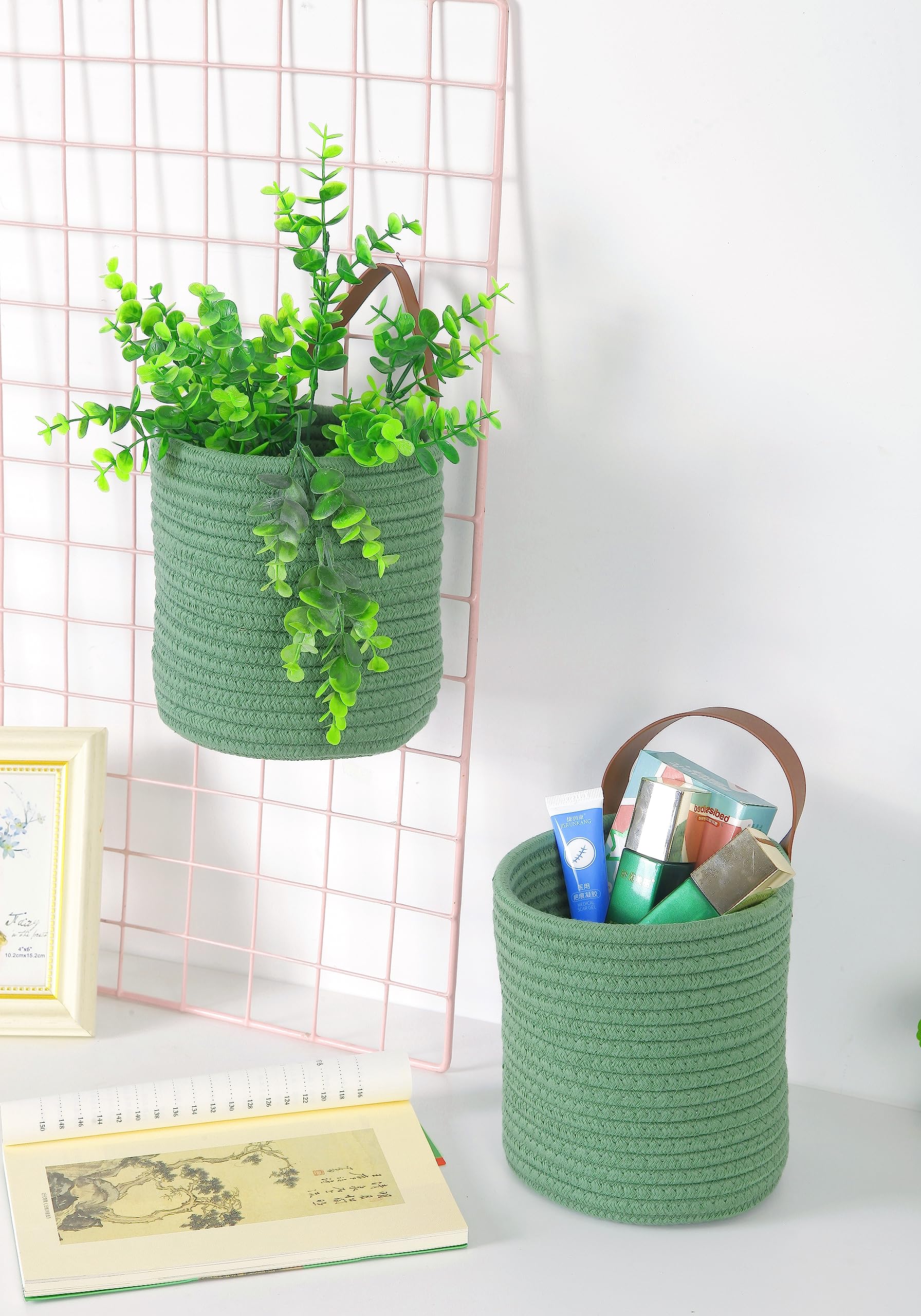 2-Pack Small Hanging Basket with Handle - Cotton Rope Wall Storage Baskets for Home Organization, 6.3
