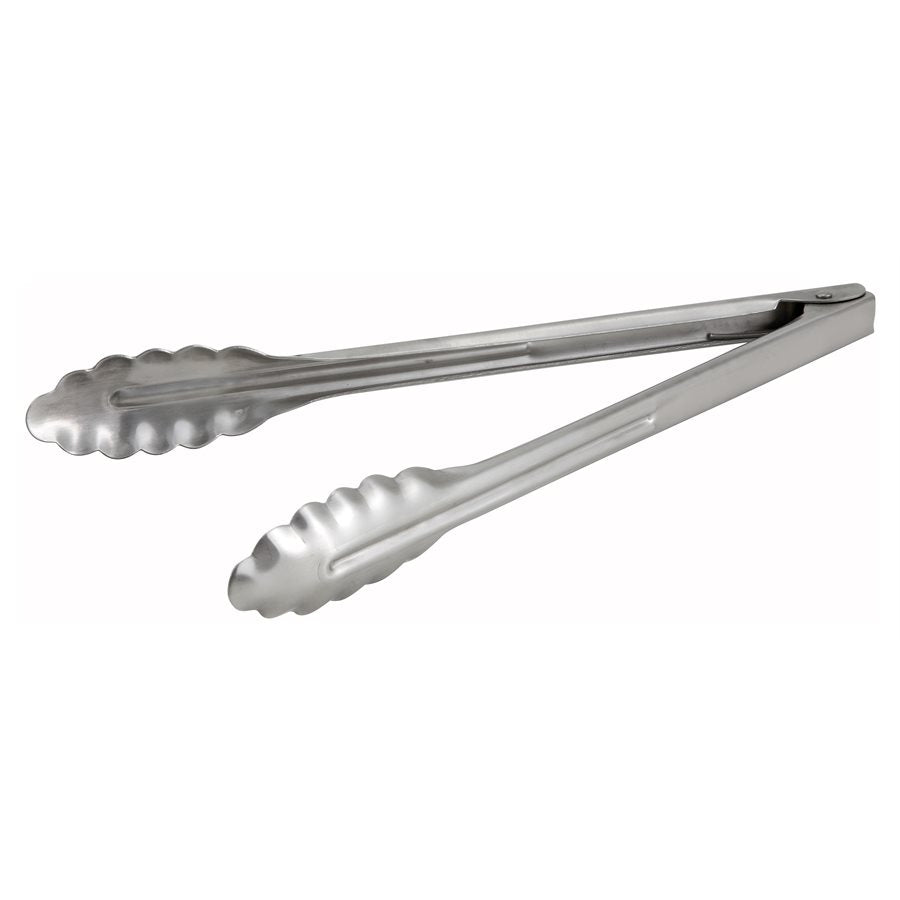 Winco UT 12HT 12-Inch Heavy Duty Stainless Steel Kitchen Tongs - Perfect for Grilling, BBQ, Serving Salads, and Handling Hot Foods Safely