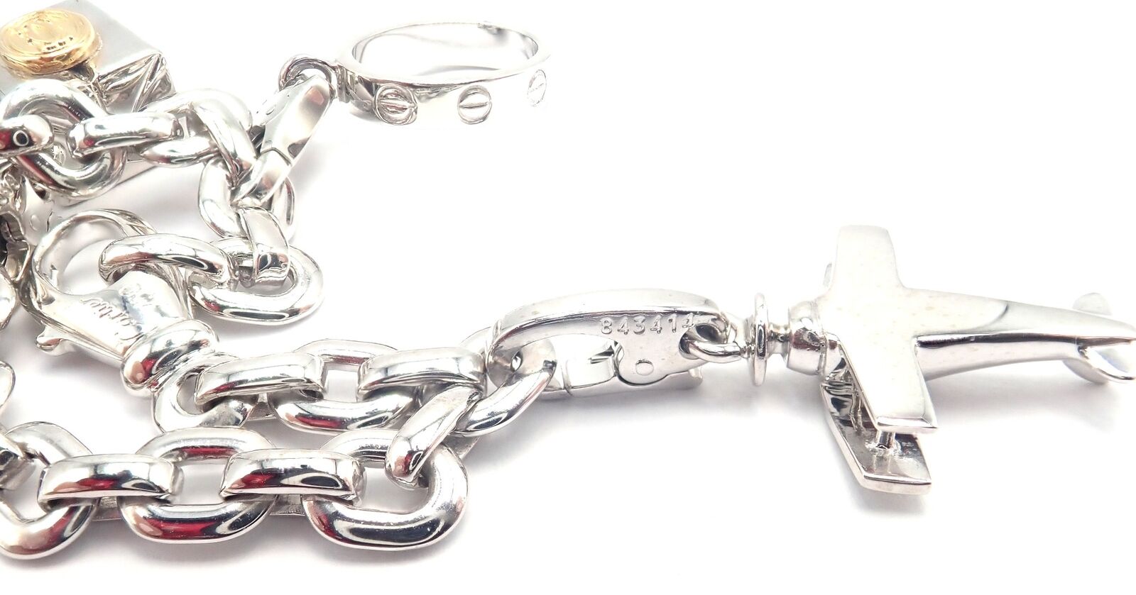 Authentic Cartier 18k White Gold Bracelet with 4 Charms - Panther, Airplane, Love & Box Link | Luxury Jewelry Gift for Women, Anniversary & Special Occasions