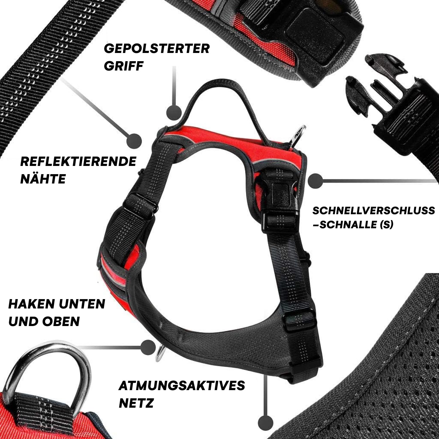 Black Rhino Comfort Dog Harness with Mesh Padded Vest for Small to Large Breeds - Adjustable Reflective Pet Harness with 2 Leash Attachments (Chest & Back) & Neoprene Padded Handle - Perfect for Walking, Running, Training & Outdoor Adventures (Small, Red/Blue)