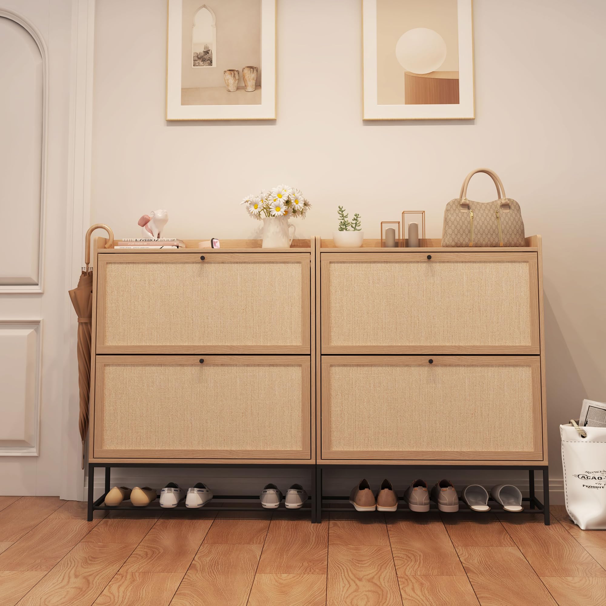 AVZEAR Freestanding Shoe Cabinet with 2 Flip Drawers - Modern Narrow Shoe Organizer for Hallway, Entryway & Closet (Natural) - Space Saving Storage Solution for Small Apartments & Tight Spaces