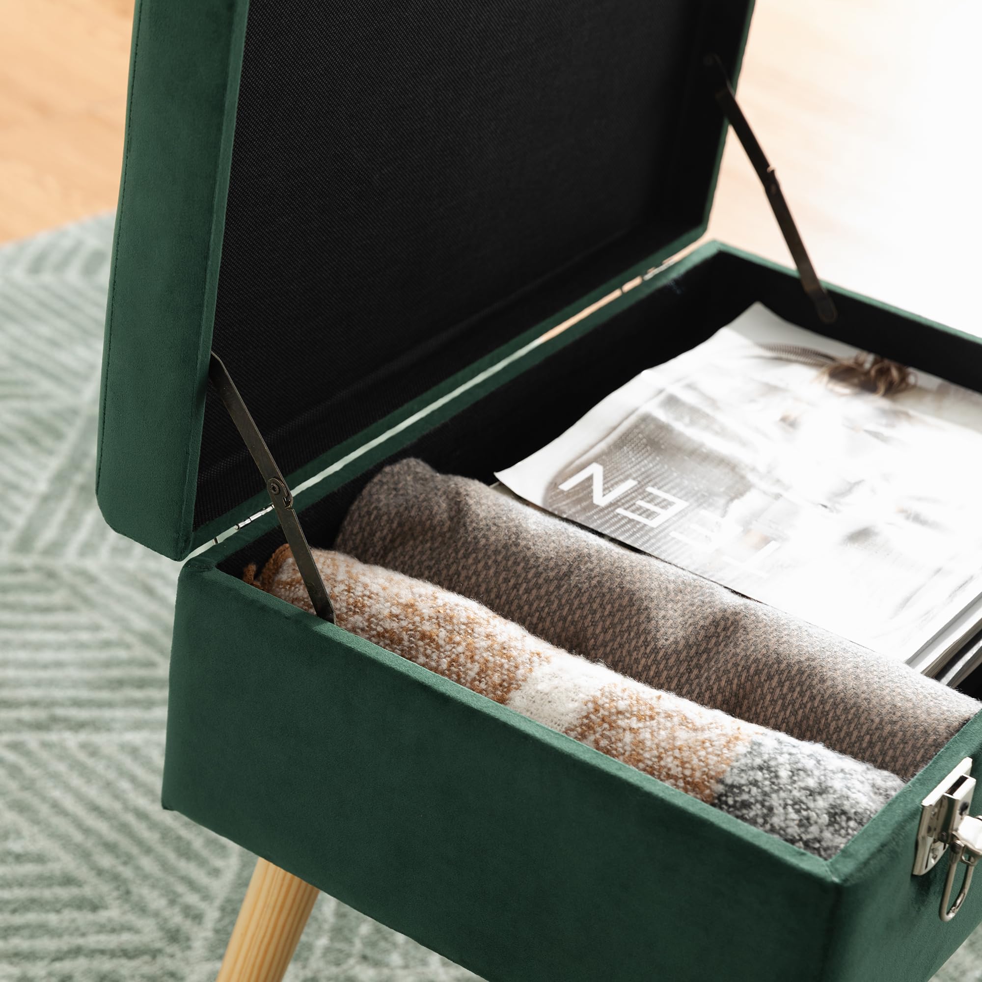 Glitzhome Velvet Storage Footstool - Upholstered Ottoman with Button Tufting & Wood Legs, Vanity Footrest Seat Stool for Living Room, Bedroom, Bedside - Dark Green | Perfect Makeup Stool, Decorative Suitcase Design for Home Décor & Comfort