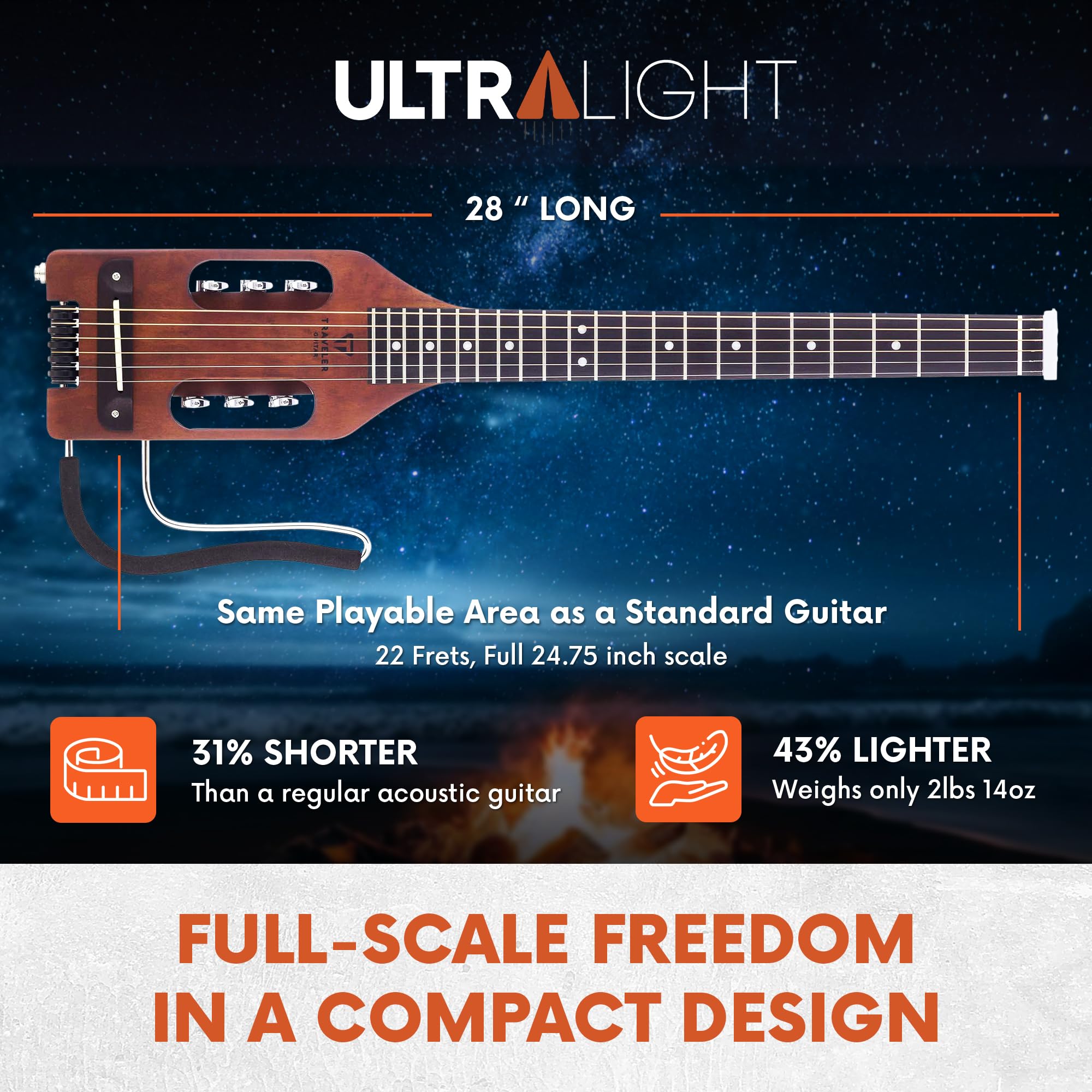 Ultra-Light Travel Acoustic-Electric Guitar - Antique Brown | Portable for Camping, Beach & Small Spaces | Perfect for Travelers & Beginners