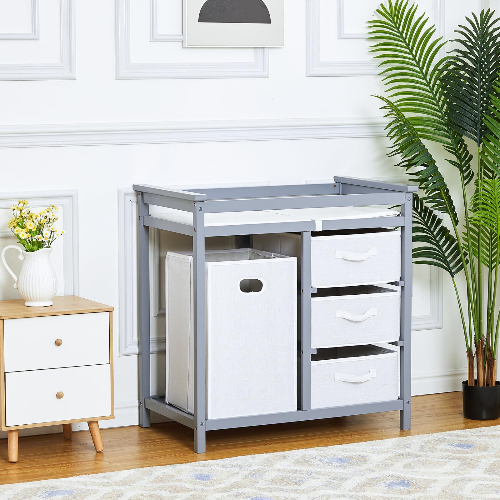 Wooden Baby Changing Table with Drawers & Hamper - Nursery Essentials for Diaper Changes
