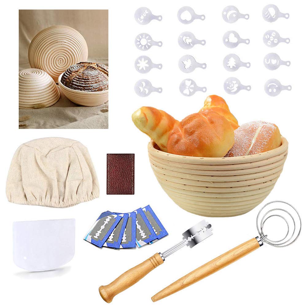 CHUSSTANG Round Bread Proofing Basket - Natural Rattan Banneton Brotform for Sourdough Baking | Includes Cloth Liner, Bread Bag, Lame, Dough Scraper & Decor Stencils | Perfect for Artisan Bread Making, Home Baking & Professional Bakeries