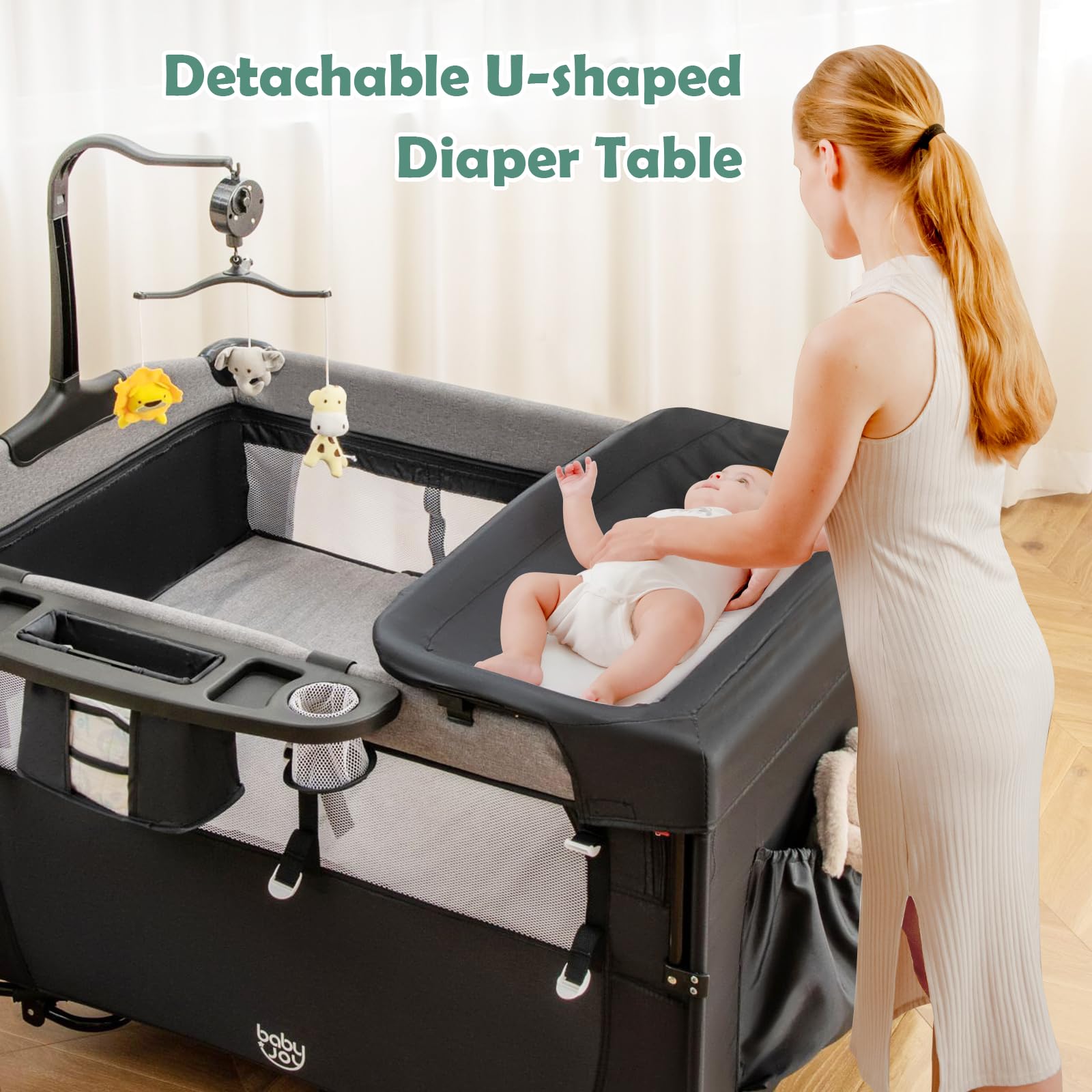 BABY JOY 5-in-1 Pack and Play with Bassinet | Convertible Baby Bedside Sleeper & Playard for Newborn to Toddler | Includes U-Shape Diaper Changer, Safety Strap, Music Box & Hanging Toys | Perfect for Nursery, Travel & Co-Sleeping