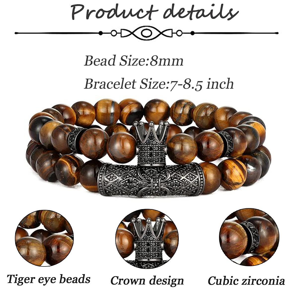 4 Pcs 8mm Crown King Bracelets for Men & Women - Tiger Eye & Black Matte Onyx Natural Stone Beads Set | Cool Unisex Jewelry Gift for Everyday Wear, Yoga & Meditation