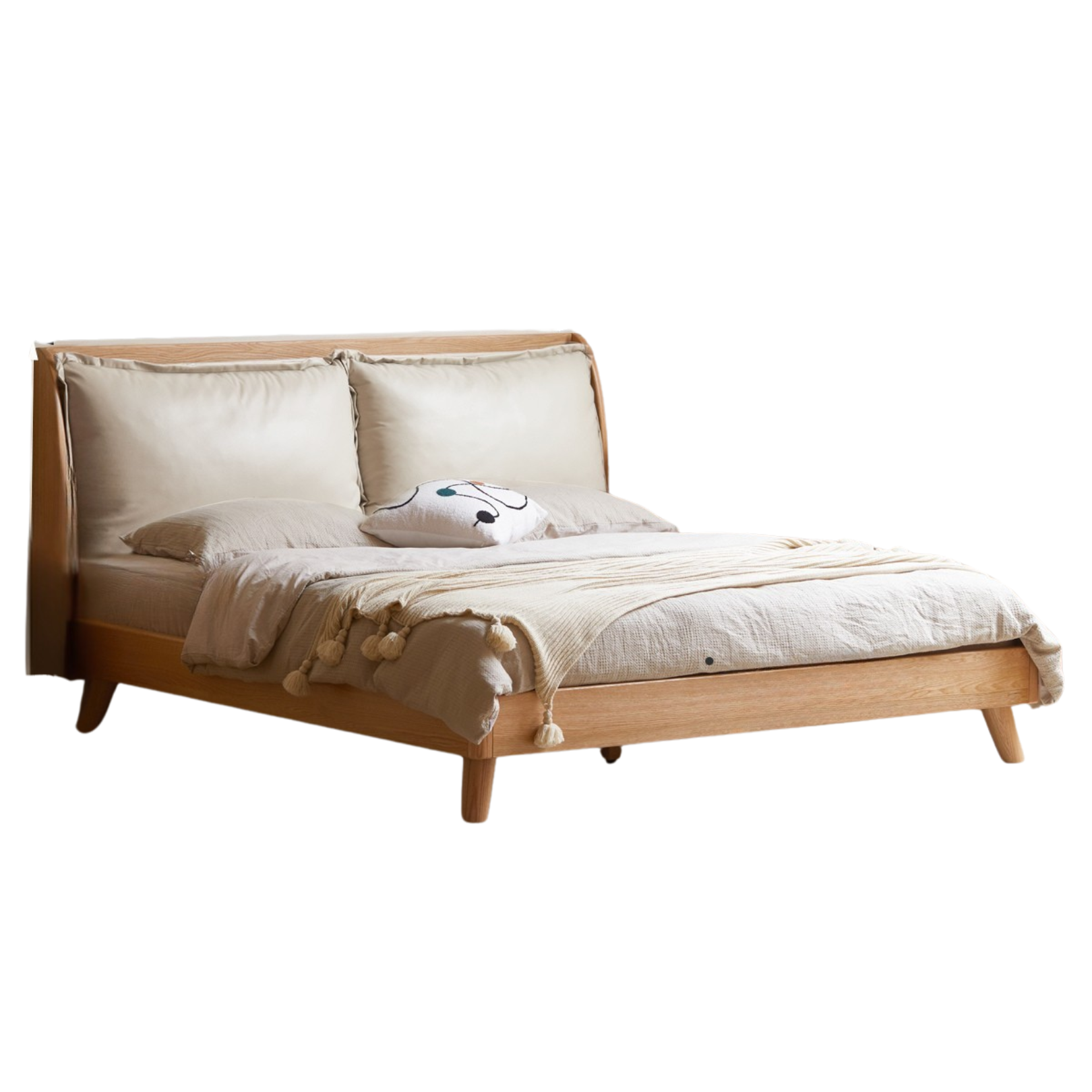Natural Wood Color Ecological cloud skin chrysanthemum white soft back bed