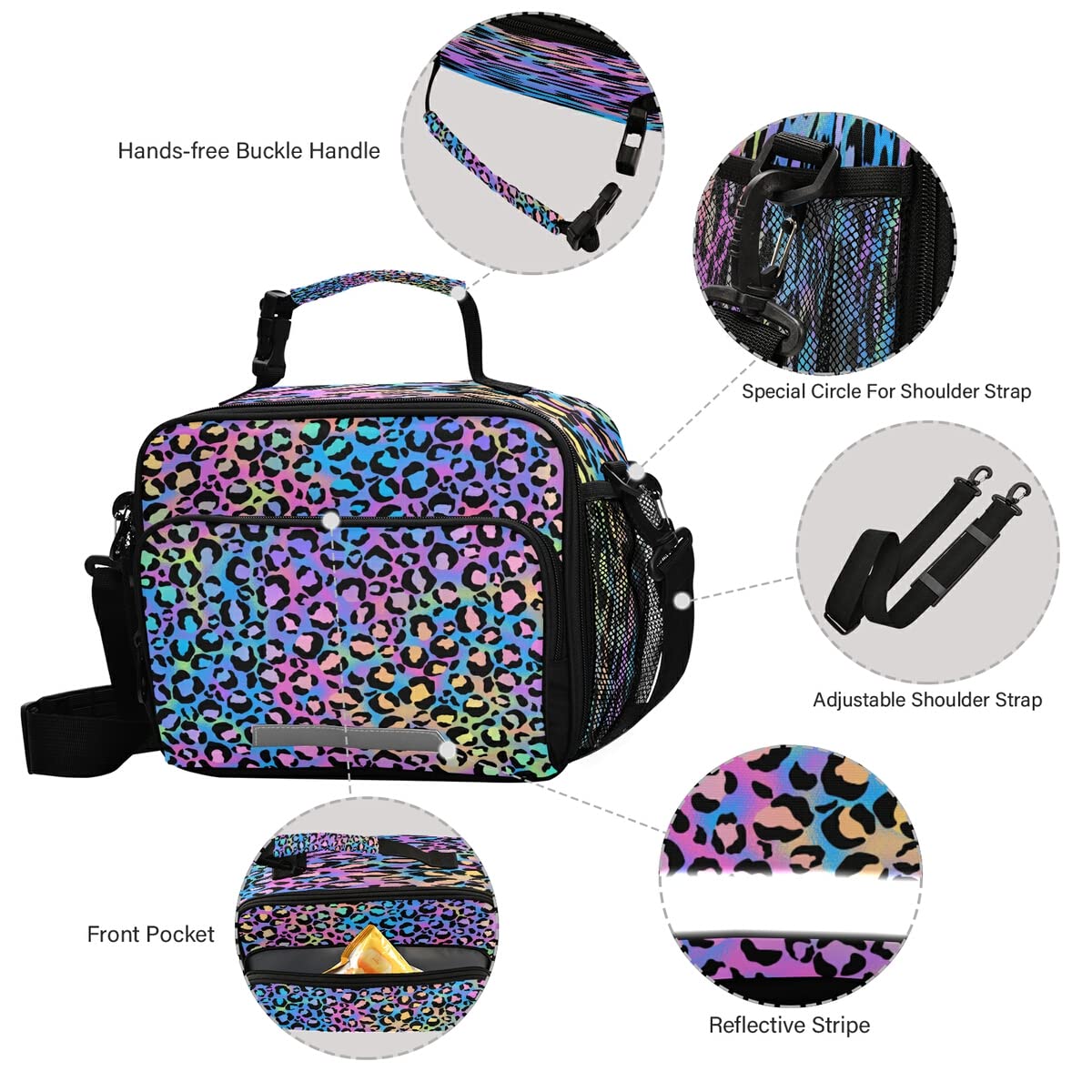 Insulated Lunch Bag for Women & Men - Rainbow Leopard Design, Adjustable Shoulder Strap, Perfect for Work, Office, School & Picnic | MNSRUU Reusable Lunch Tote