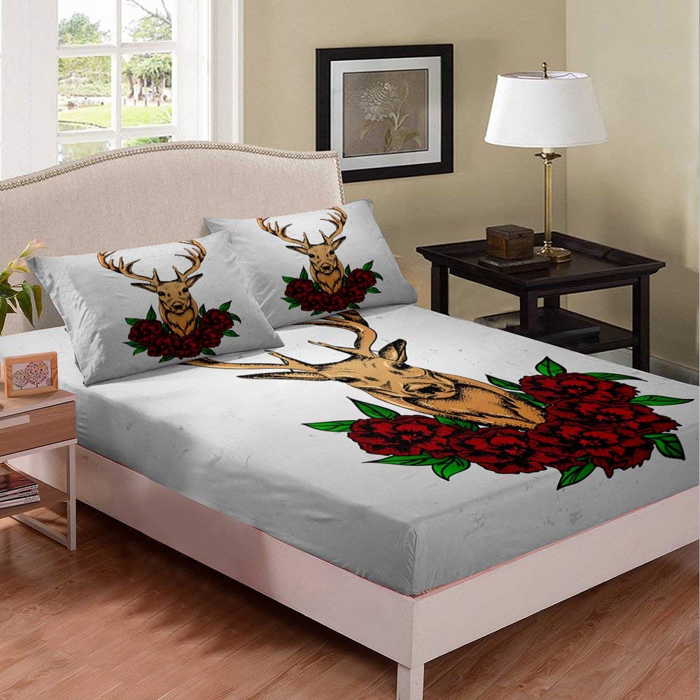 **Flower Bull Head Bed Sheet Set for Kids - Full Bloom Rose Animal Print 3-Piece Bedding Set for Boys & Girls | Modern Chic Bed Cover, Fitted Sheet, Pillowcases | Nursery, Kids Room Decor**