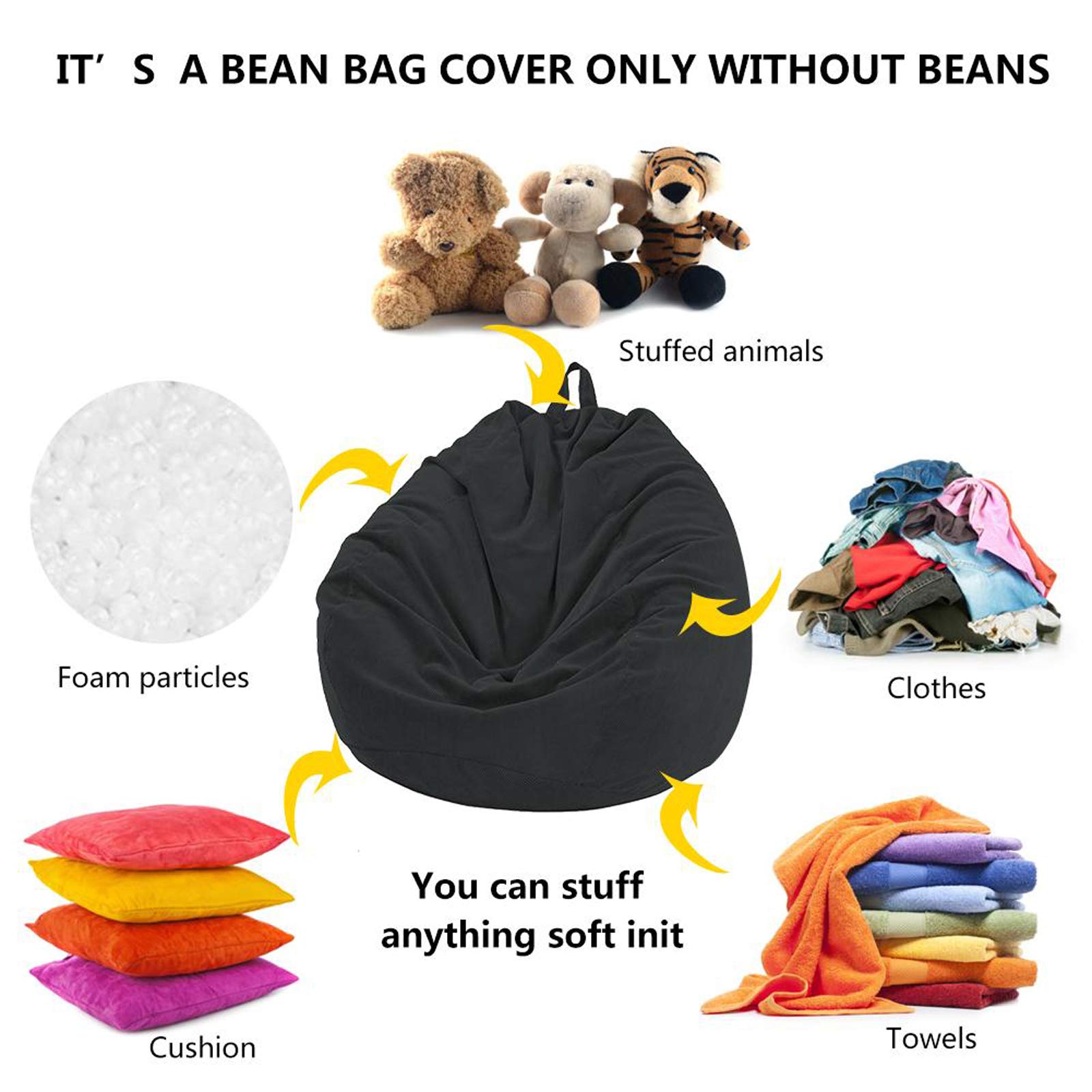 Premium High Back Bean Bag Chair Cover - Thick Cotton Linen Fabric, No Filler Included - Solid Black Color - Perfect for Living Room, Bedroom, Dorm or Game Room Relaxation