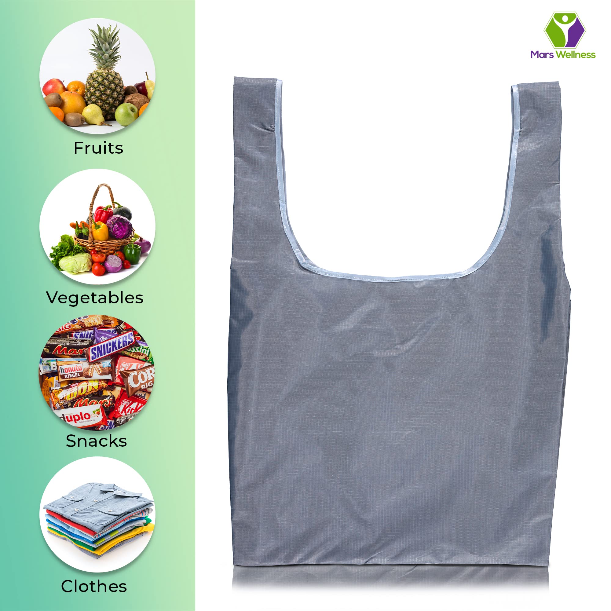 Eco-Friendly MARS WELLNESS Reusable Shopping Bags (17.7” x 27.5”) - Heavy Duty Washable Grocery Tote Bags Holds 50 lbs - Durable Polyester Reusable Bags for Groceries, Farmers Market & Beach Trips