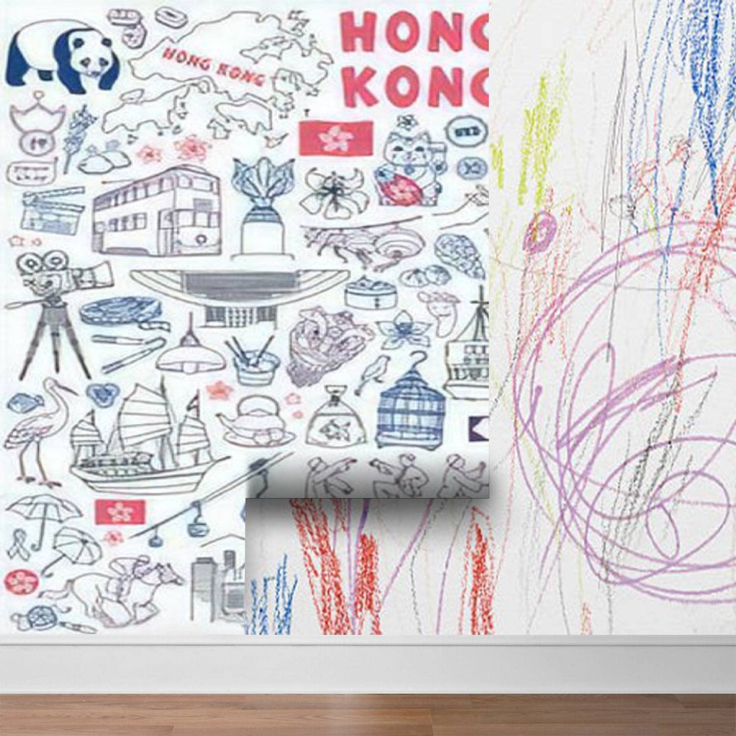 Peel & Stick Self-Adhesive PVC Wallpaper - Hong Kong Skyline Doodle Set with Hand-Drawn Food Landmarks, Removable Wall Mural Decal for Living Room & Bedroom Decor | Perfect for Home, Office, and Dorm Room Wall Stickers