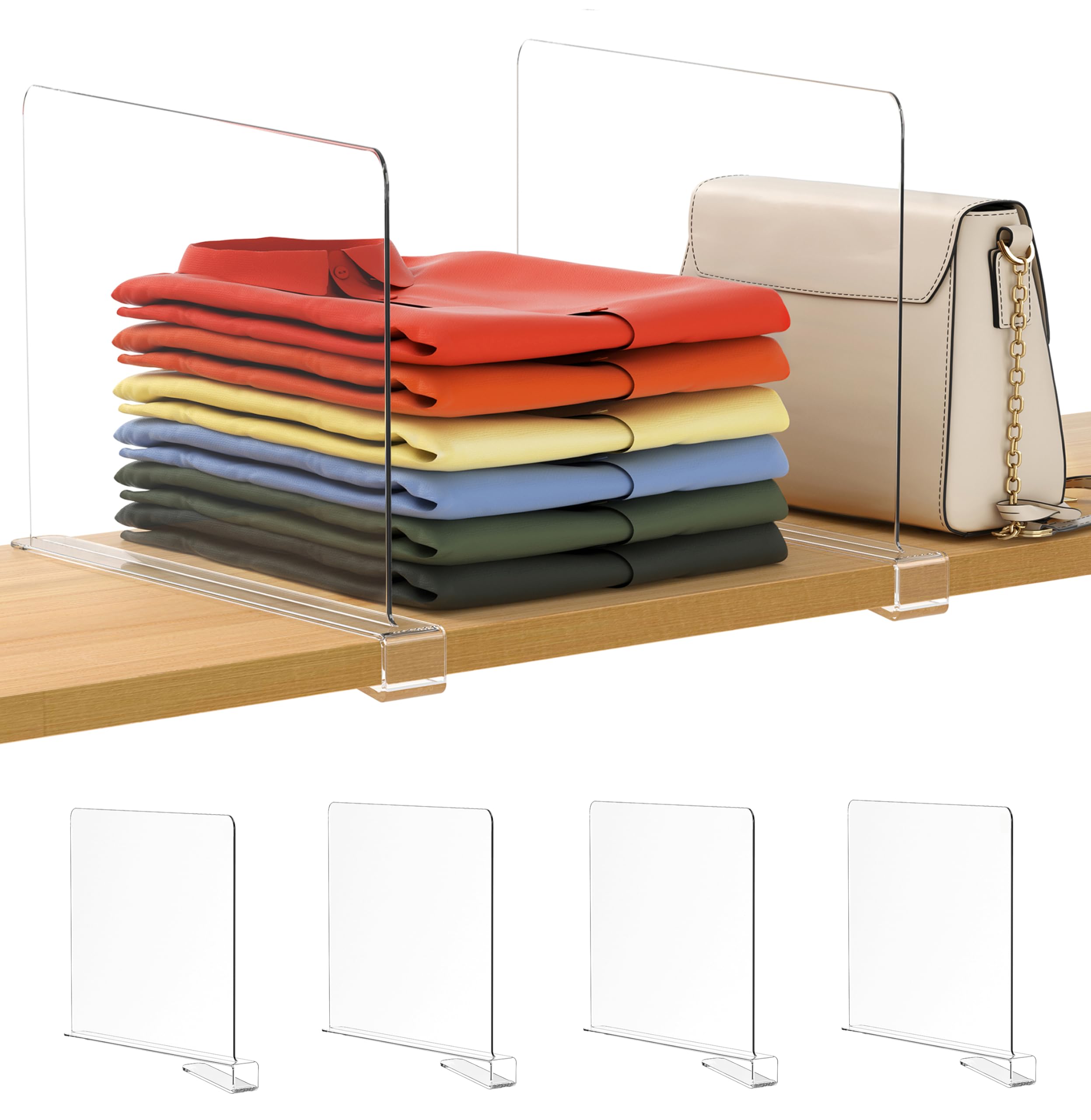 4 Pack 12 Inch Extra Tall Clear Acrylic Shelf Dividers - Closet & Cabinet Organizers for Bedroom, Kitchen, Office - Perfect for Organizing Clothes, Pantry Items & Office Supplies