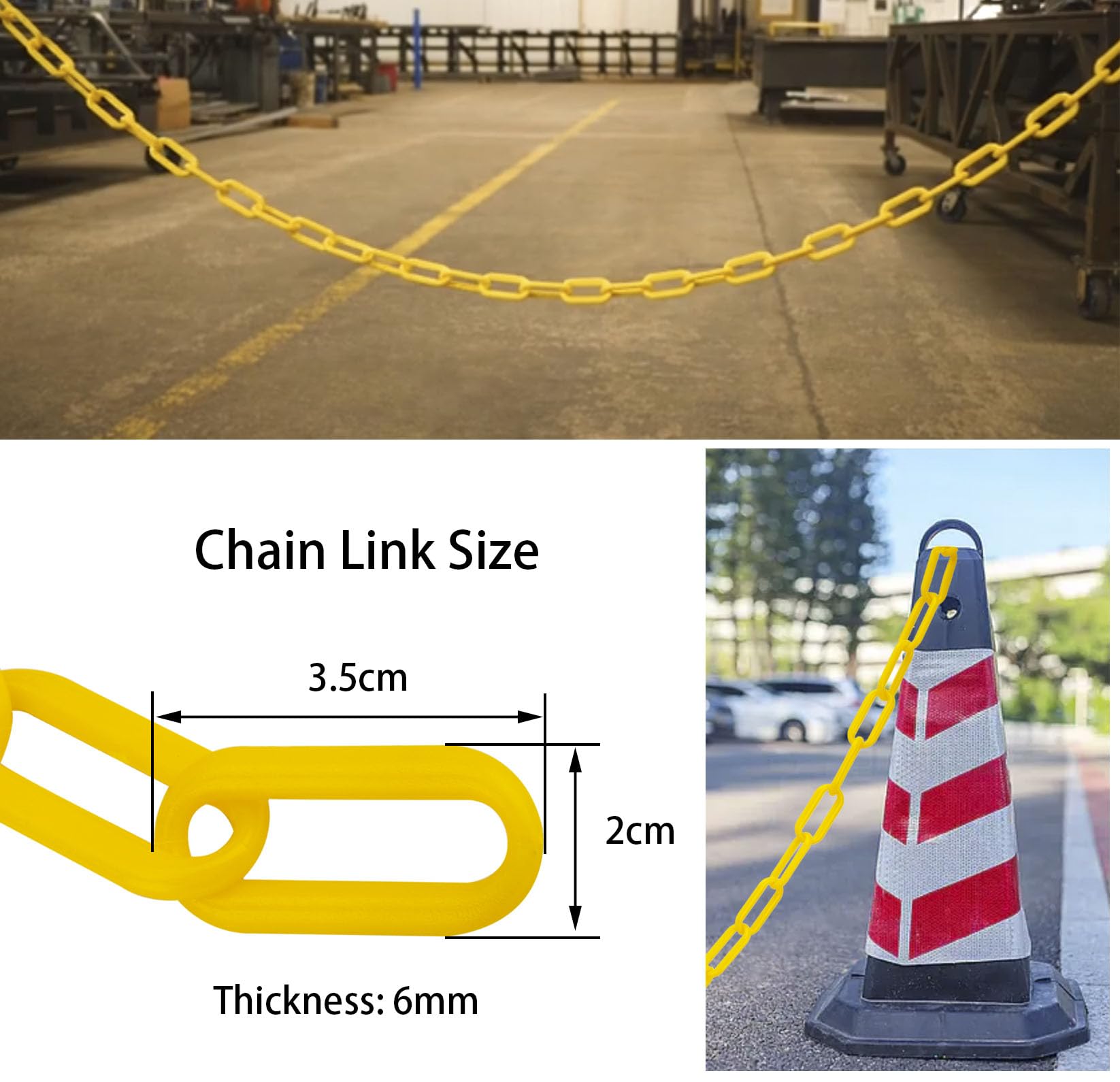 Bright Yellow Plastic Safety Barrier Chain - 1.5-Inch Link Diameter, 100-Foot Length for Crowd Control, Queue Management & Parking Safety | Ideal for Events, Retail Stores, Construction Sites & Public Areas