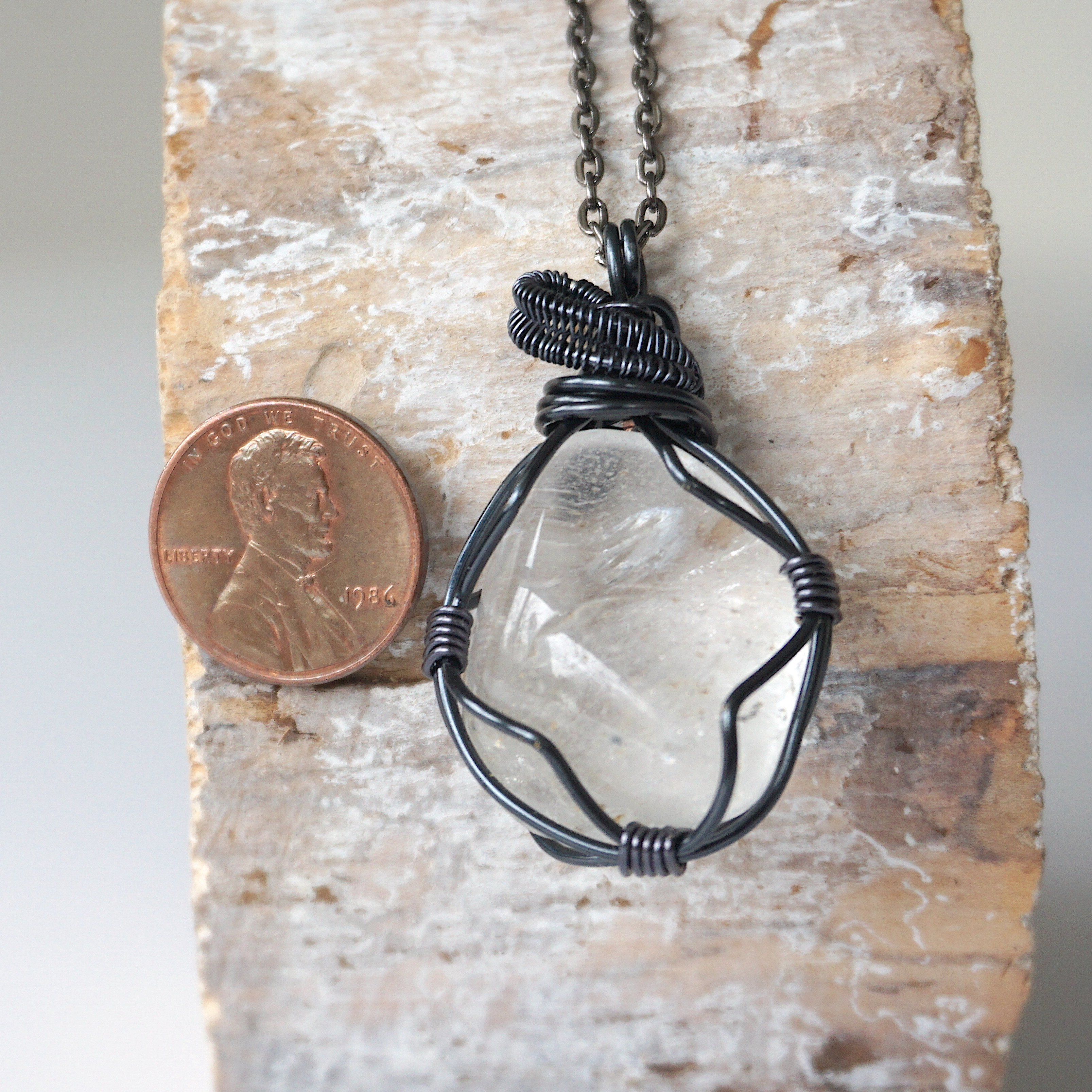 Men's Clear Quartz Pendant Necklace with Gunmetal Wire Wrap - Spiritual Healing Jewelry for Meditation, Energy Cleansing & Everyday Wear