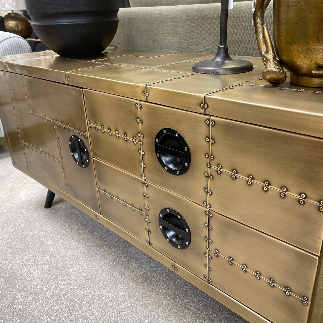 Vintage Brass TV Stand - Mid-Century Modern Entertainment Center with Storage Shelves for Living Room, Bedroom & Home Theater Setup