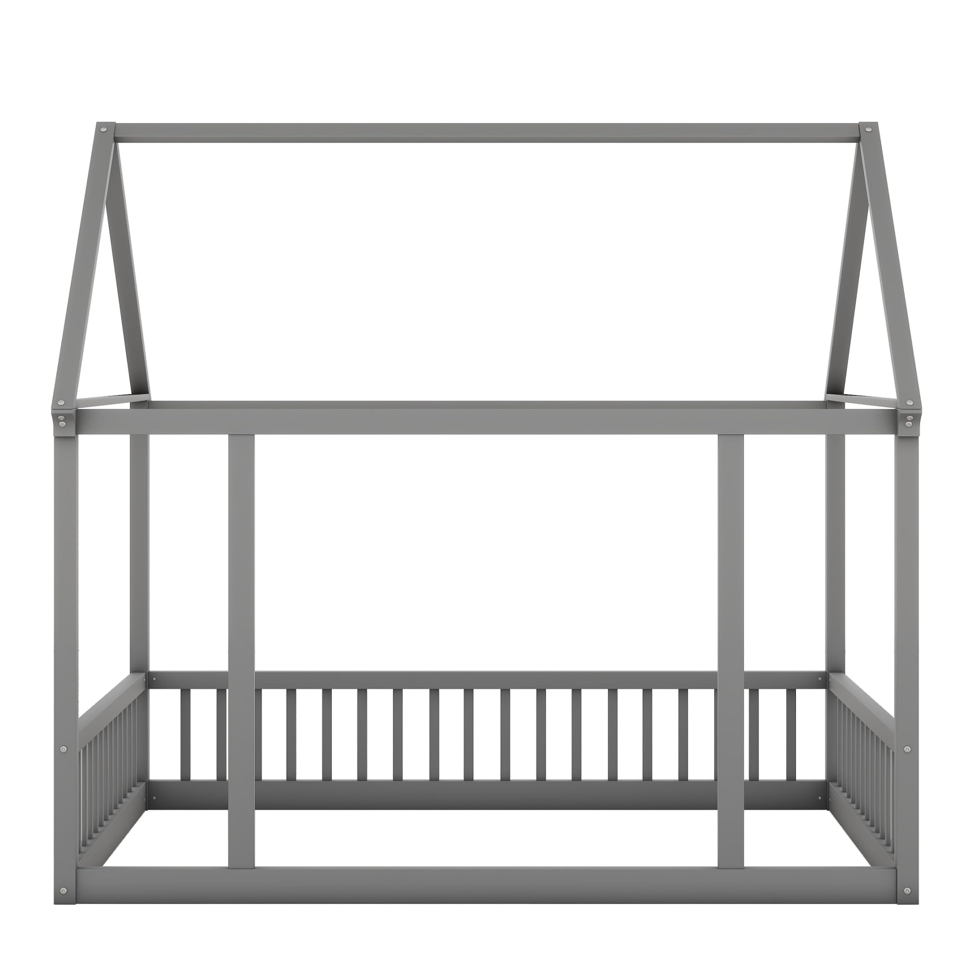 Bellemave Full Size Wooden Floor Bed for Kids - Montessori House Bed Frame with Safety Fence, Playhouse Design for Boys & Girls (Gray) - Perfect for Bedrooms, Playrooms & Montessori Learning Spaces