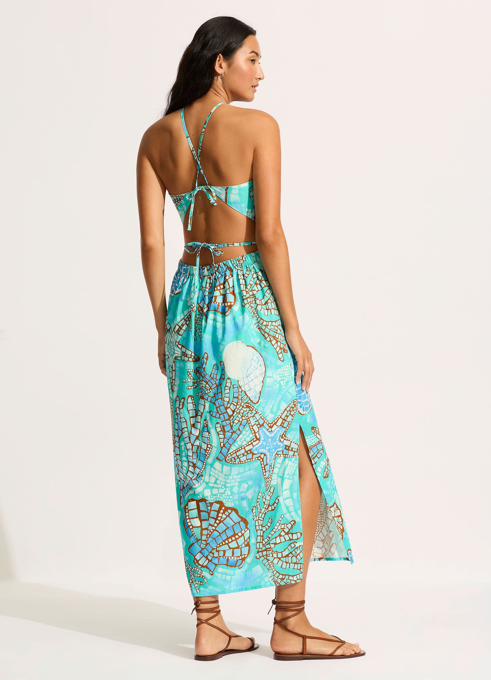 La Mer Cut Out Maxi Dress - Women's Floral Print Summer Beach Dress in Aquatic Blue | Perfect for Beach Vacations, Pool Parties & Tropical Getaways