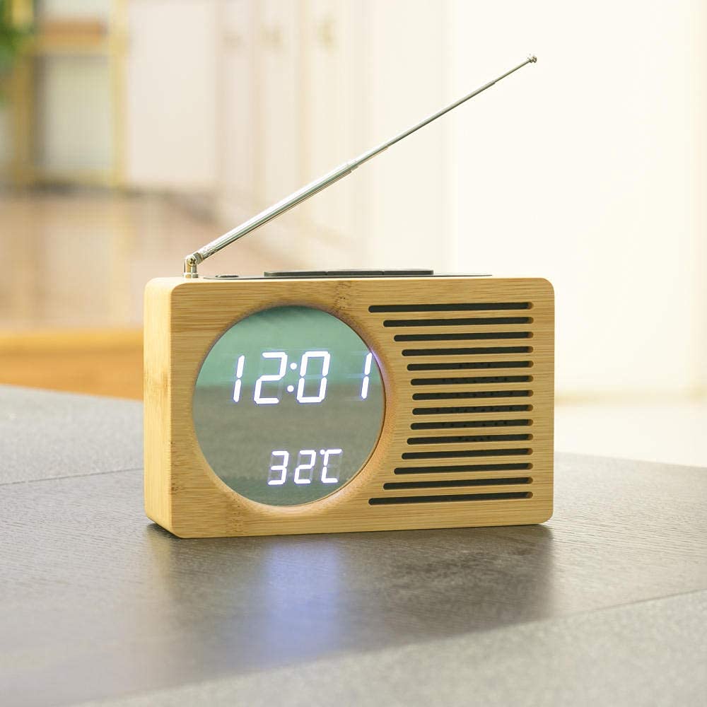 DIEFMJ Bamboo Wood Alarm Clock Radio with FM, LED Display, Voice Control, Temperature & Calendar - Perfect for Bedroom, Office, and Travel