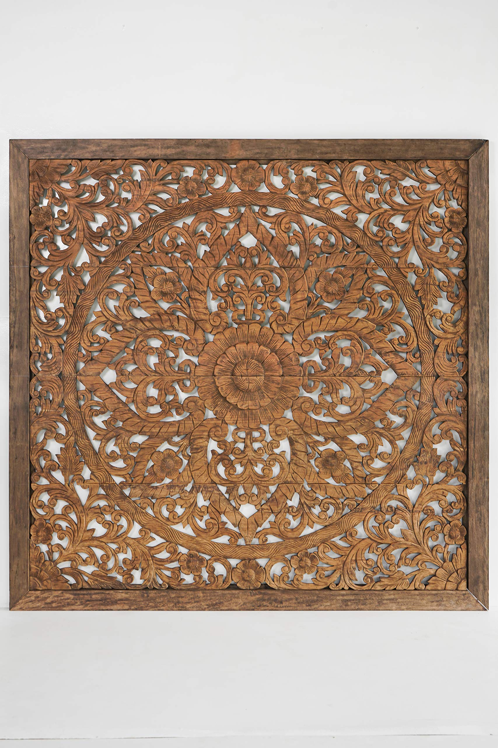80-inch Super King Size Carved Wooden Headboard with Mandala Design - Wall Mounted Rustic Barn Finish in Weathered Brown - Perfect for Bedroom Decor, Farmhouse Style Homes & Bohemian Interiors