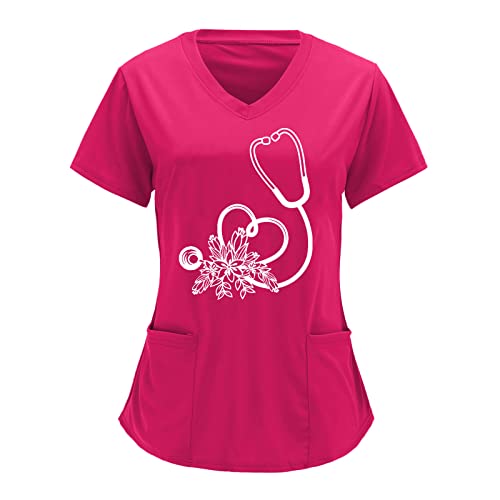 Women's V-Neck Solid Color Overalls with Partial Print - Striped Short Sleeve Top (Pink, XXL) - Casual Summer Outfit for Beach, Shopping & Outdoor Activities