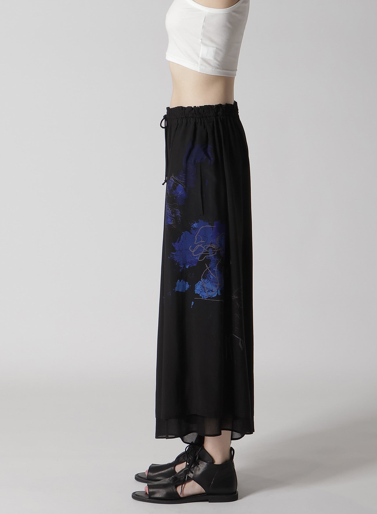 CU/LAWN FLOWER SKETCH LEFT DOUBLE GATHERED PANTS - Women's High Waisted Floral Print Wide Leg Trousers for Summer Casual Wear, Office Outfits and Beach Vacations