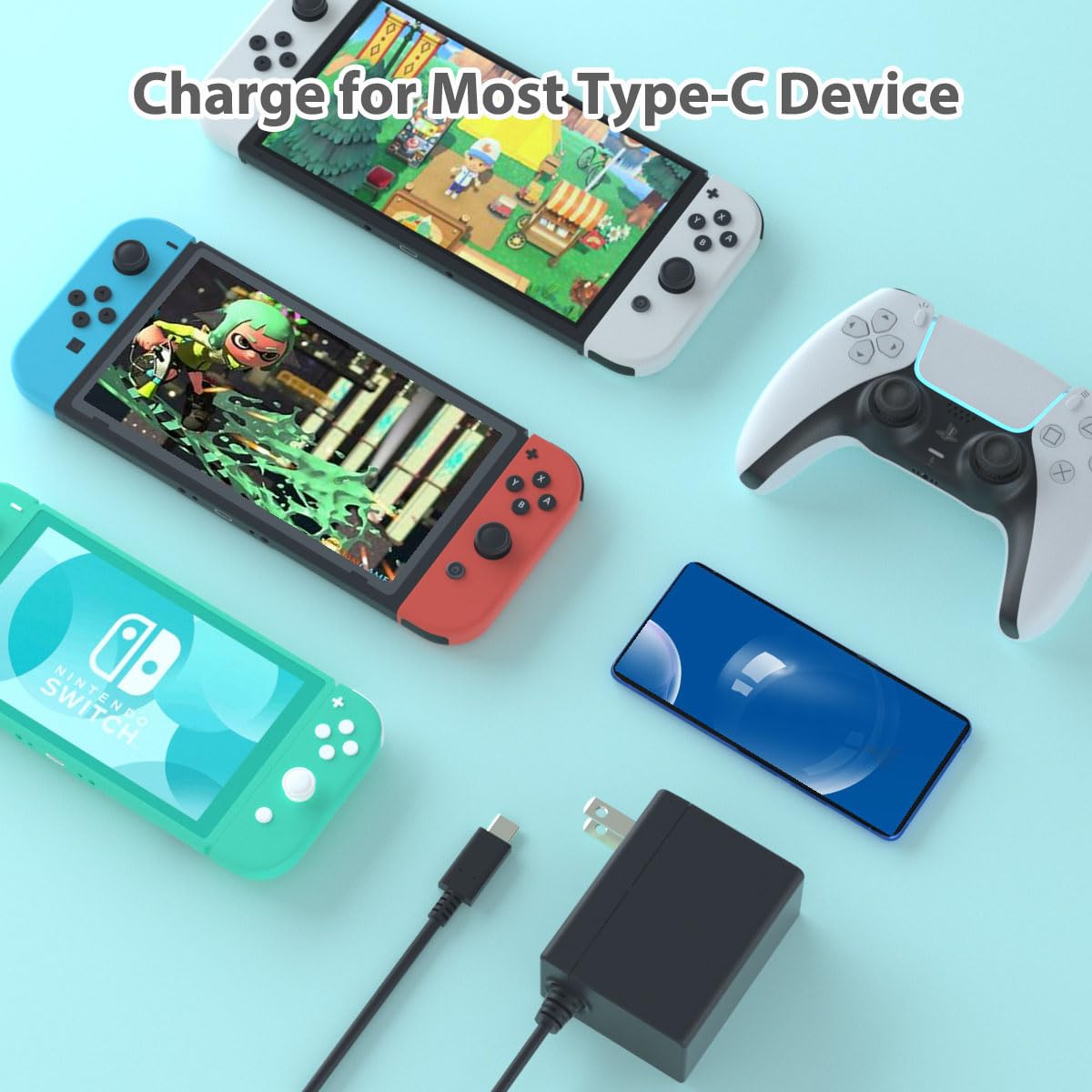 Nintendo Switch Charger - Fast Charging AC Power Adapter with 5FT Cable for Switch, OLED & Lite - TV Dock Mode Compatible - Perfect for Gaming at Home or Travel