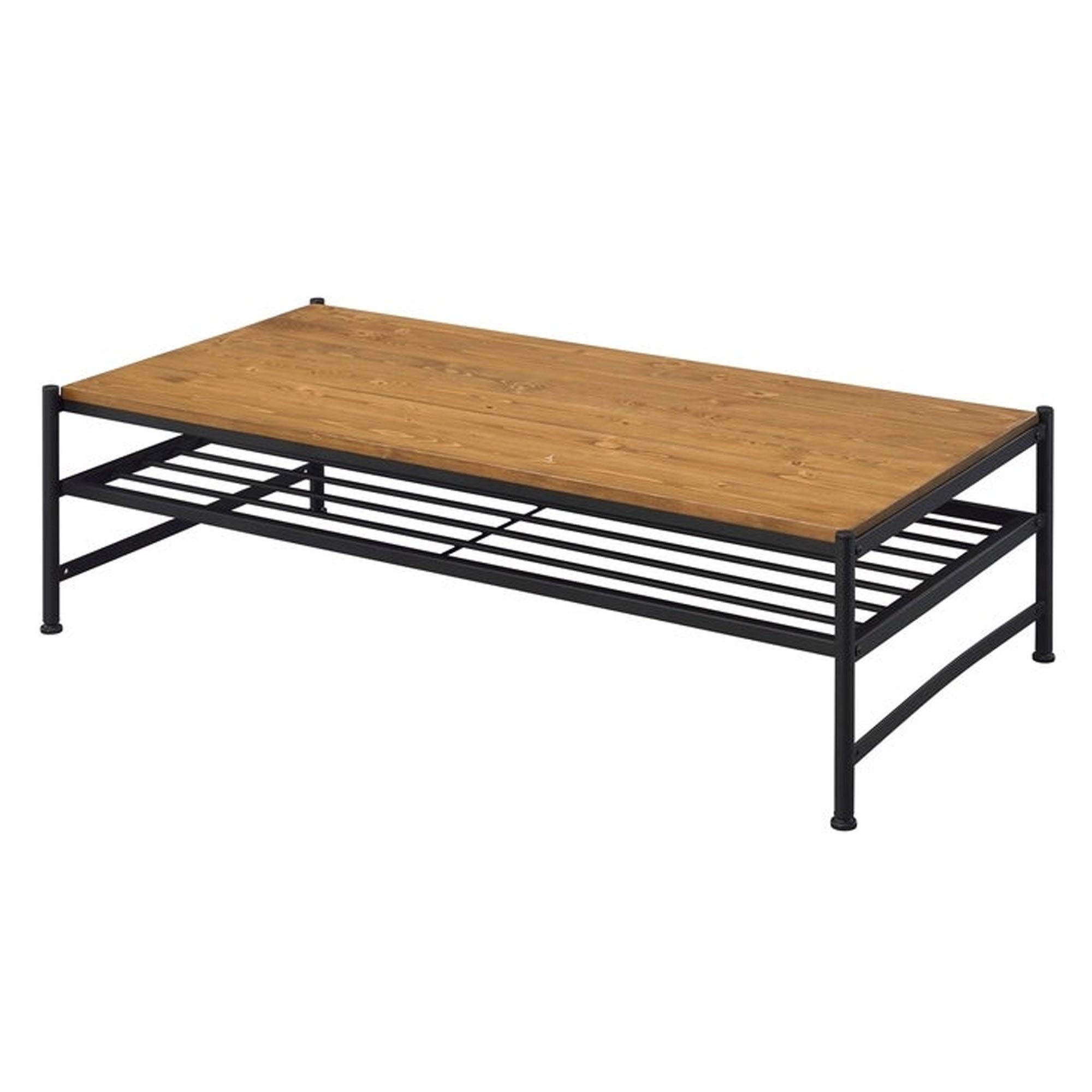 Modern Rectangle Coffee Table - Metal & Wood with Slatted Shelf for Living Room