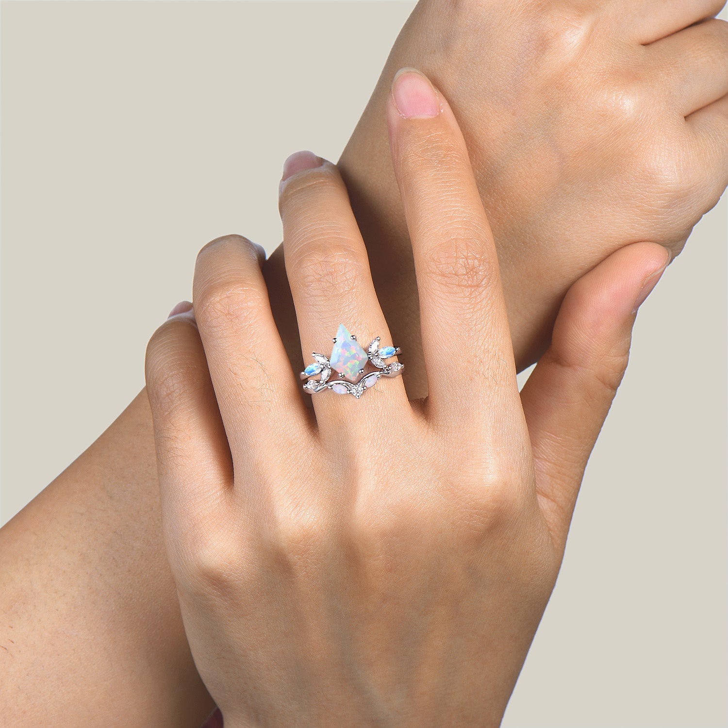 Elegant Kite Cut White Opal Engagement Ring with Moonstone Cluster - Vintage Bridal Wedding Ring Set for Women - Perfect for Proposals, Anniversaries & Romantic Occasions