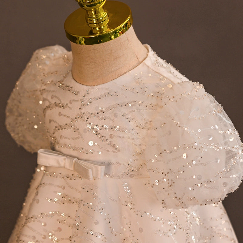 White Princess Round Tea Length Tulle Flower Girl Dress - Perfect for Weddings, Bridal Showers & Special Occasions