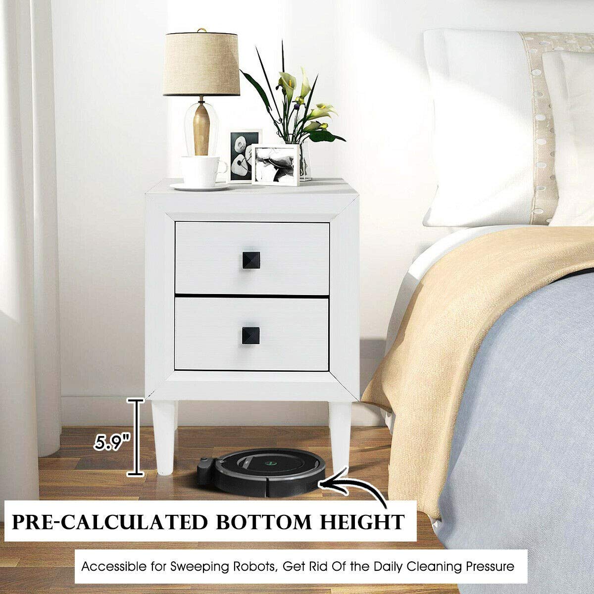 Safeplus White Wood Nightstand with 2 Drawers - Multipurpose End Table, Sofa Side Table & Bedside Cabinet for Bedroom, Living Room & Office - Perfect for Storage, Reading & Home Decor
