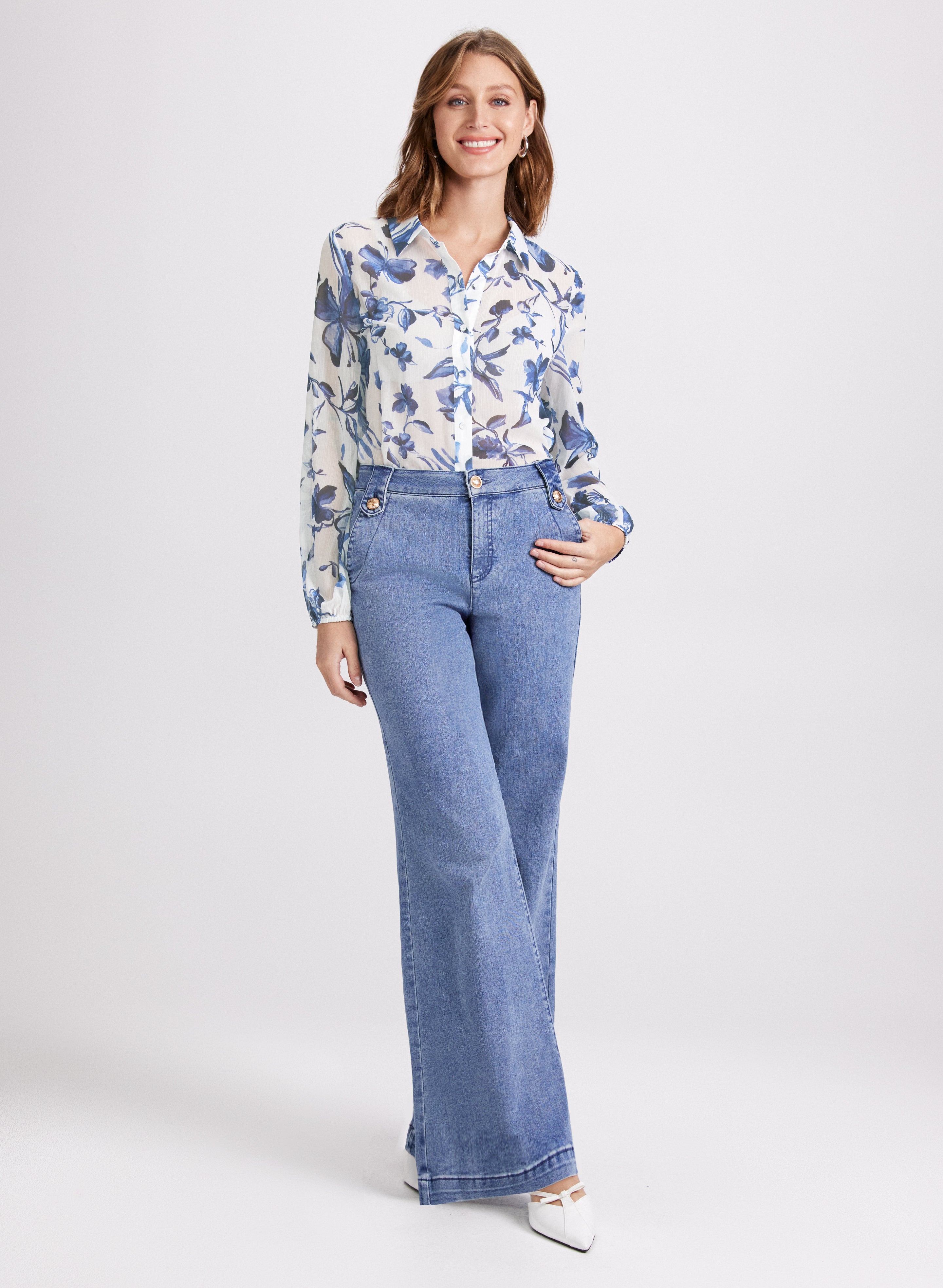 Floral Chiffon Button Down Blouse & Distressed Wide Leg Jeans - Women's Boho Outfit for Spring Summer Casual Wear