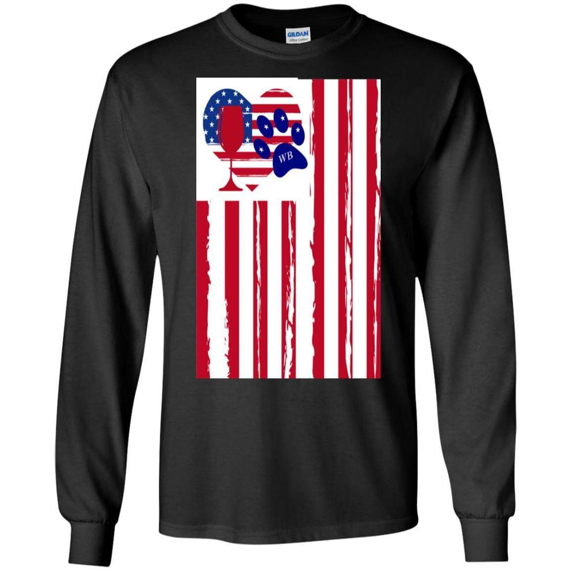 WineyBitches.Co Patriotic American Flag Wine Paw Heart Long Sleeve Ultra Soft Cotton T-Shirt for Women | Perfect for Wine Lovers, 4th of July & Pet-Themed Parties